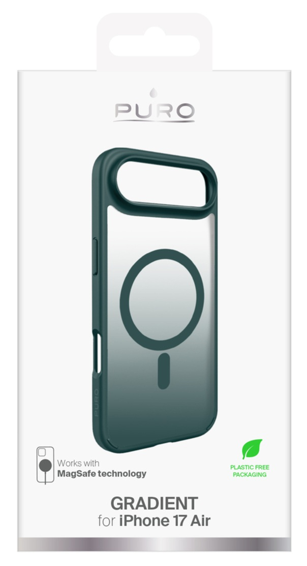 Etui na telefon w pudełku. Jest zielone, przezroczyste i ma okrąg MagSafe. Tekst: 'GRADIENT for iPhone 17 Air'.