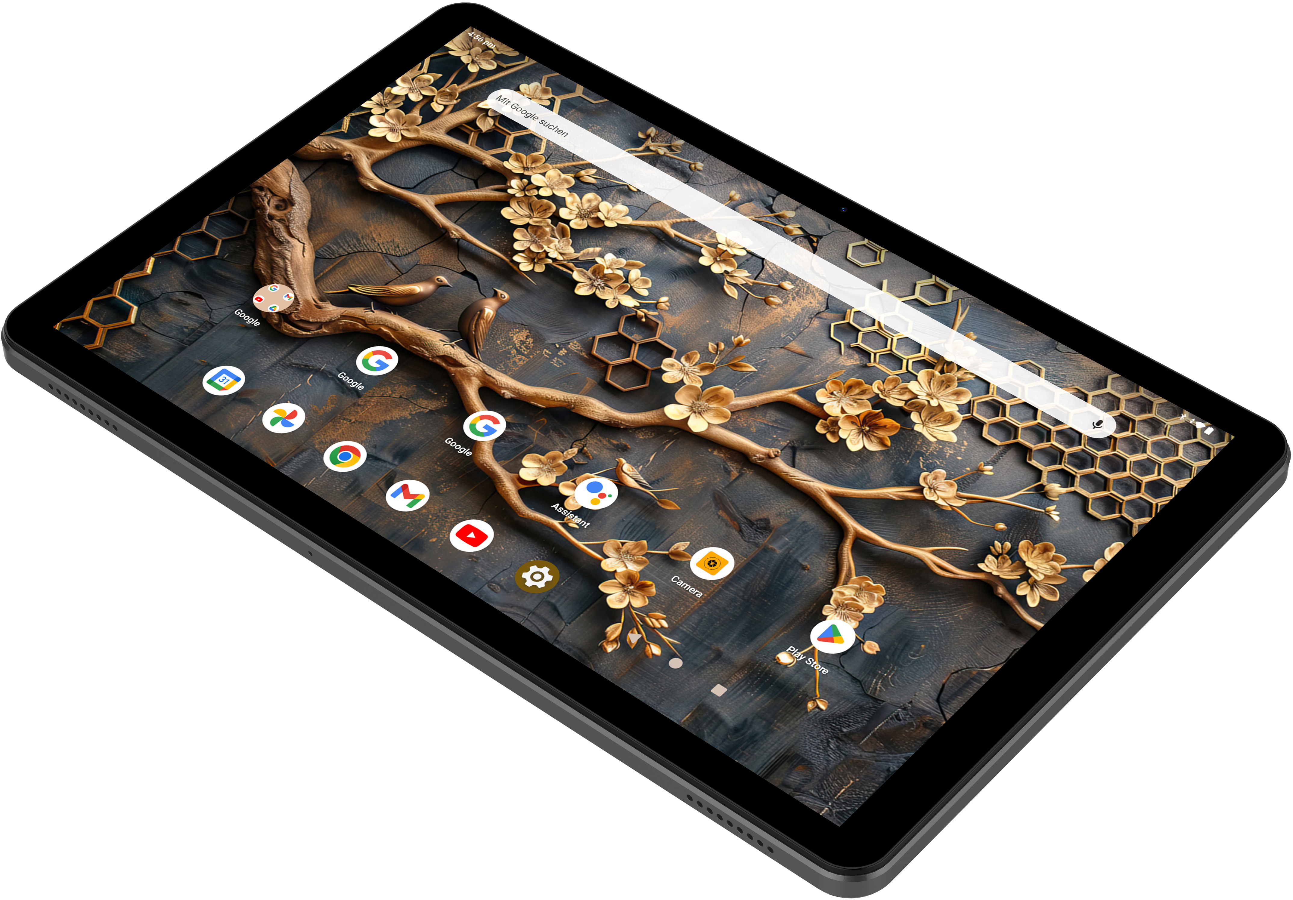 Tablet mit floralem Hintergrund. App-Symbole sind sichtbar. Schwarzes Tablet mit goldenen Blumen und Waben.