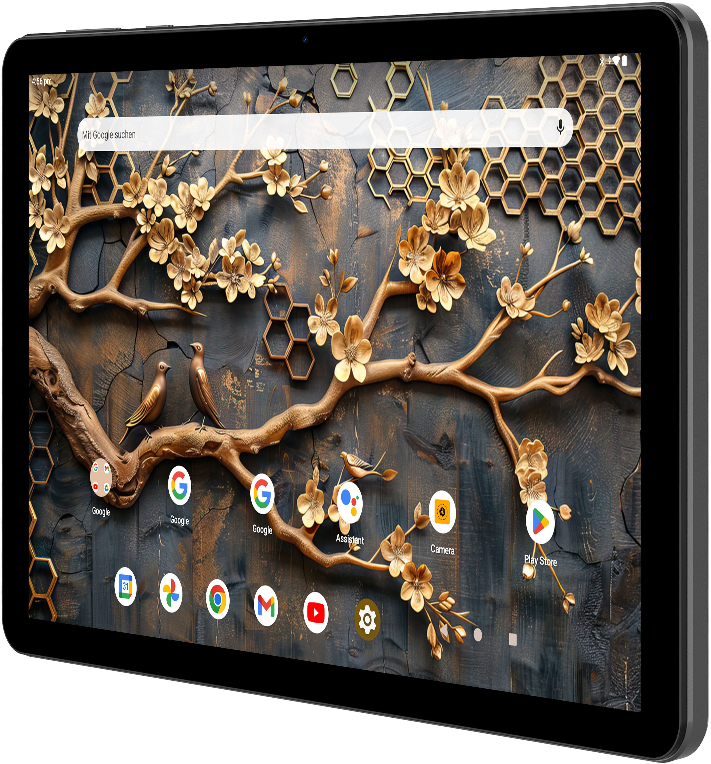 Tablet mit dekorativem Bildschirm mit goldenen Blumen, Vögeln und App-Symbolen.