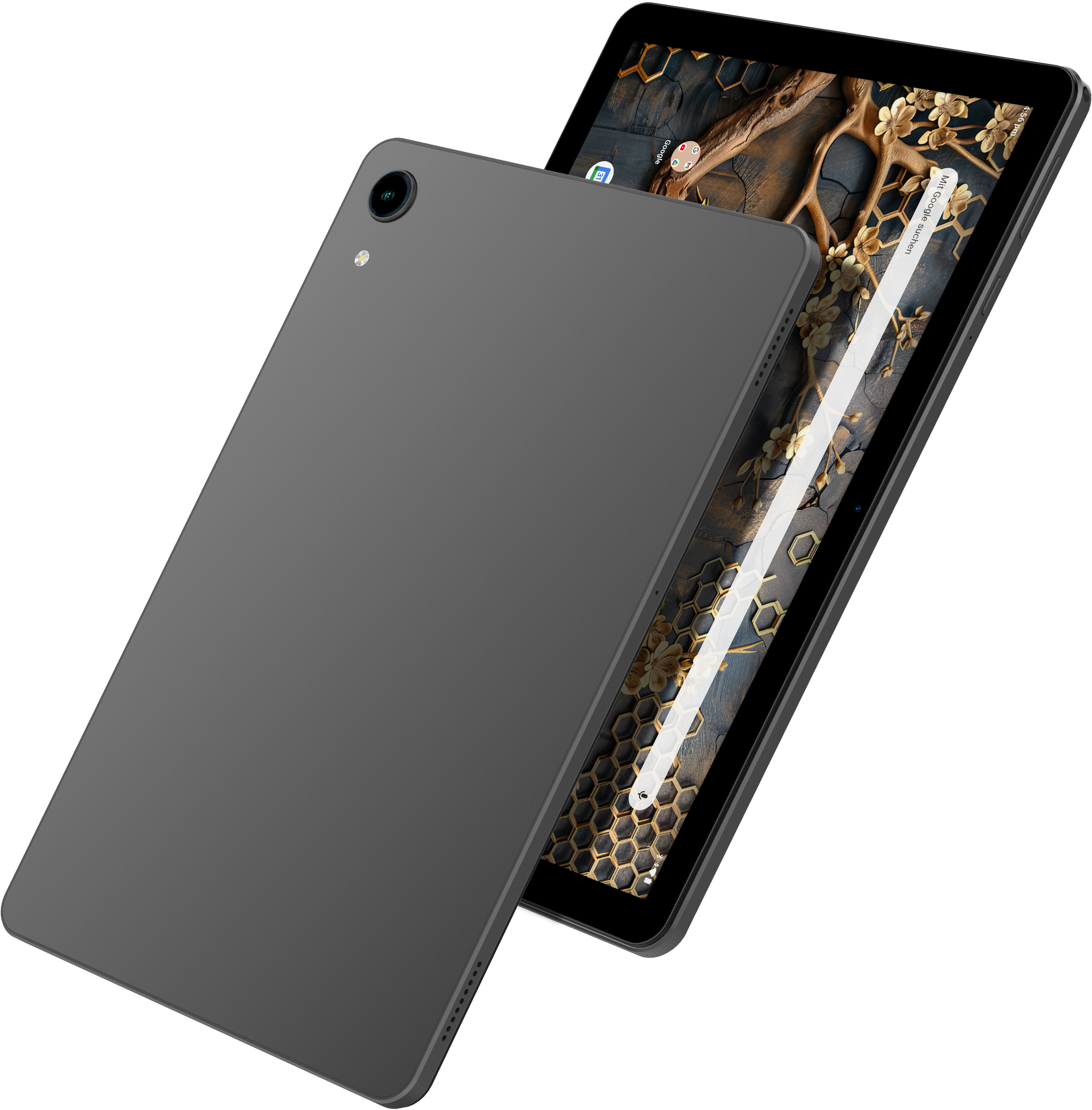 Zwei graue Tablets. Eines zeigt einen künstlerischen Hintergrund, das andere hat eine Kamera. Beide sind gegen einen weißen Hintergrund abgewinkelt.