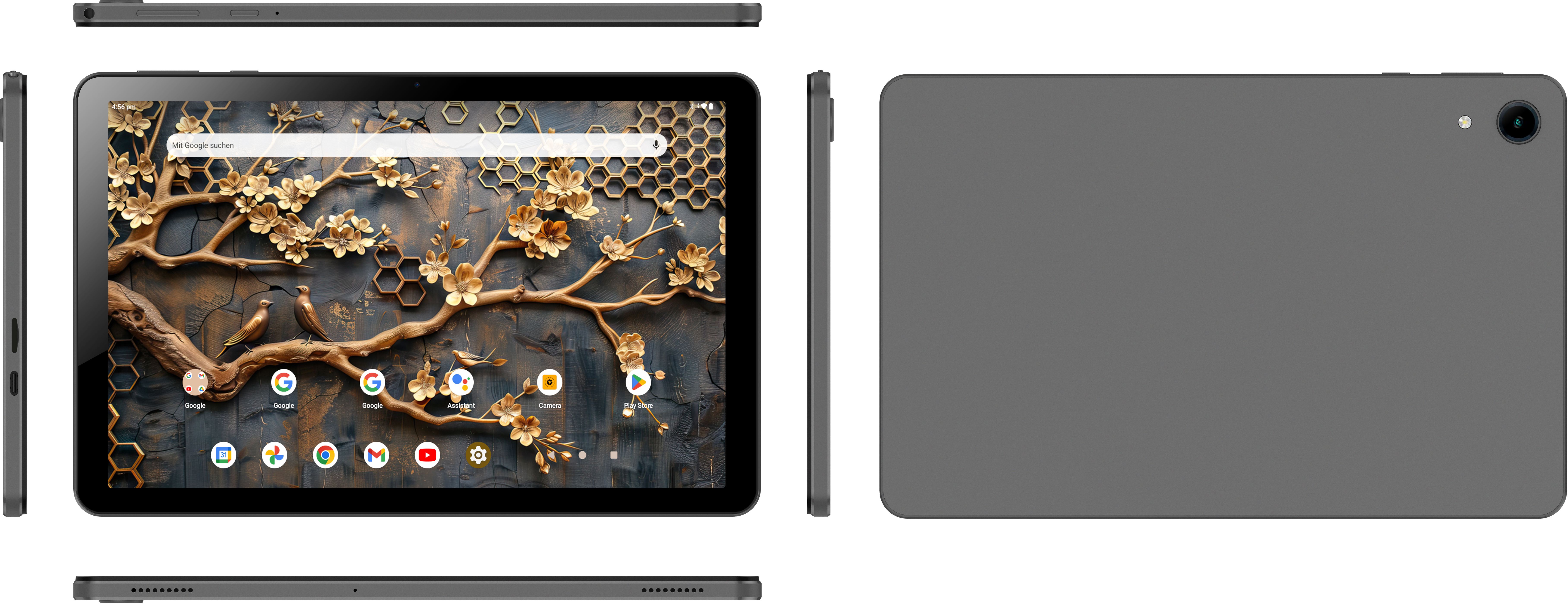 Ein Tablet mit dekorativer Tapete mit Blumen und Vögeln. Die Rückseite ist grau. Das Tablet ist aus verschiedenen Blickwinkeln zu sehen.