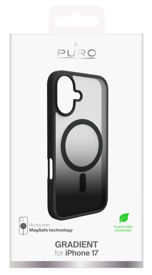 Etui na telefon w opakowaniu. Czarny gradient, z MagSafe, dla iPhone 17. Marka 'PURO', logo opakowania wolne od plastiku.