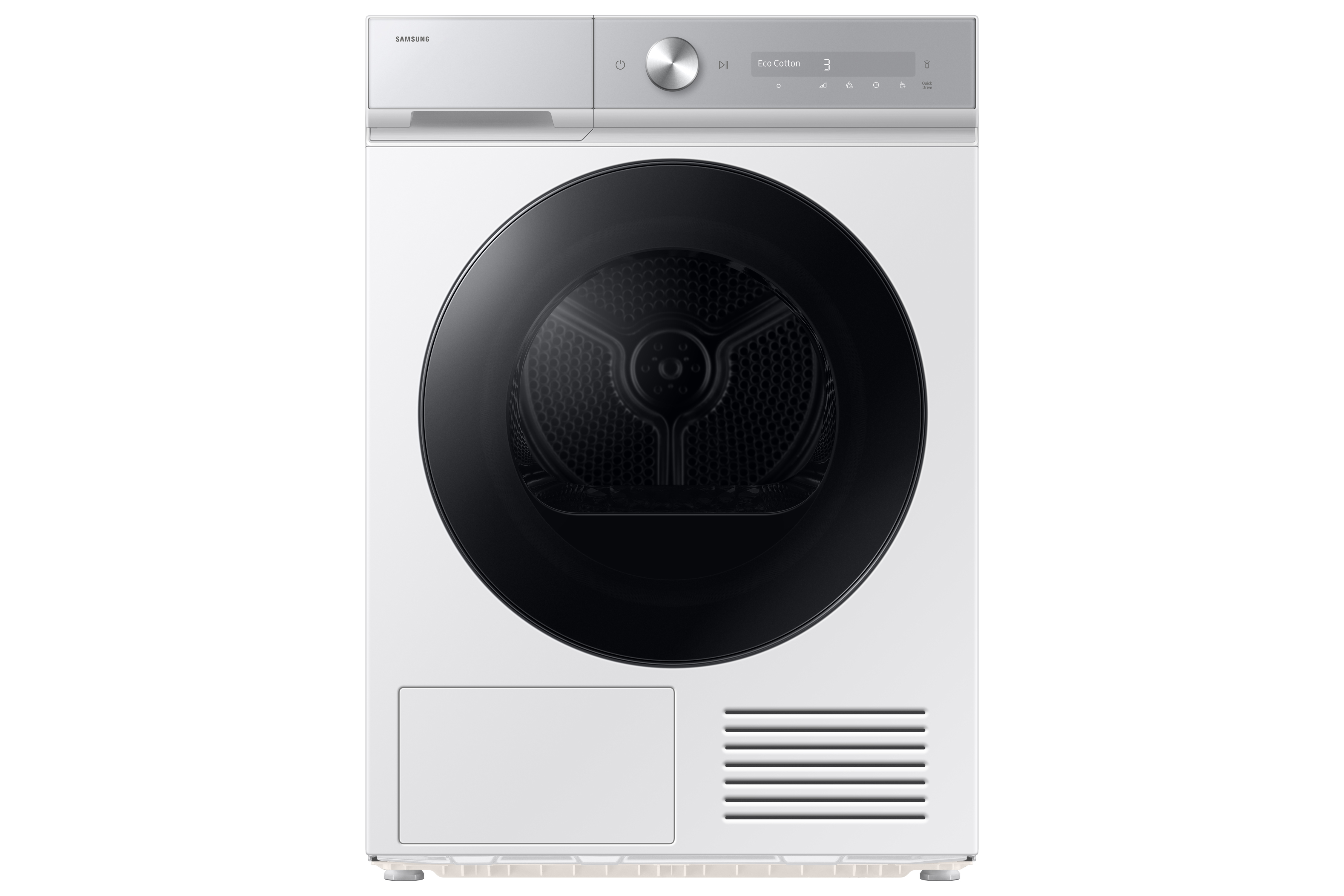 Una secadora Samsung blanca con puerta negra. Tiene panel de control y pantalla con ajustes.