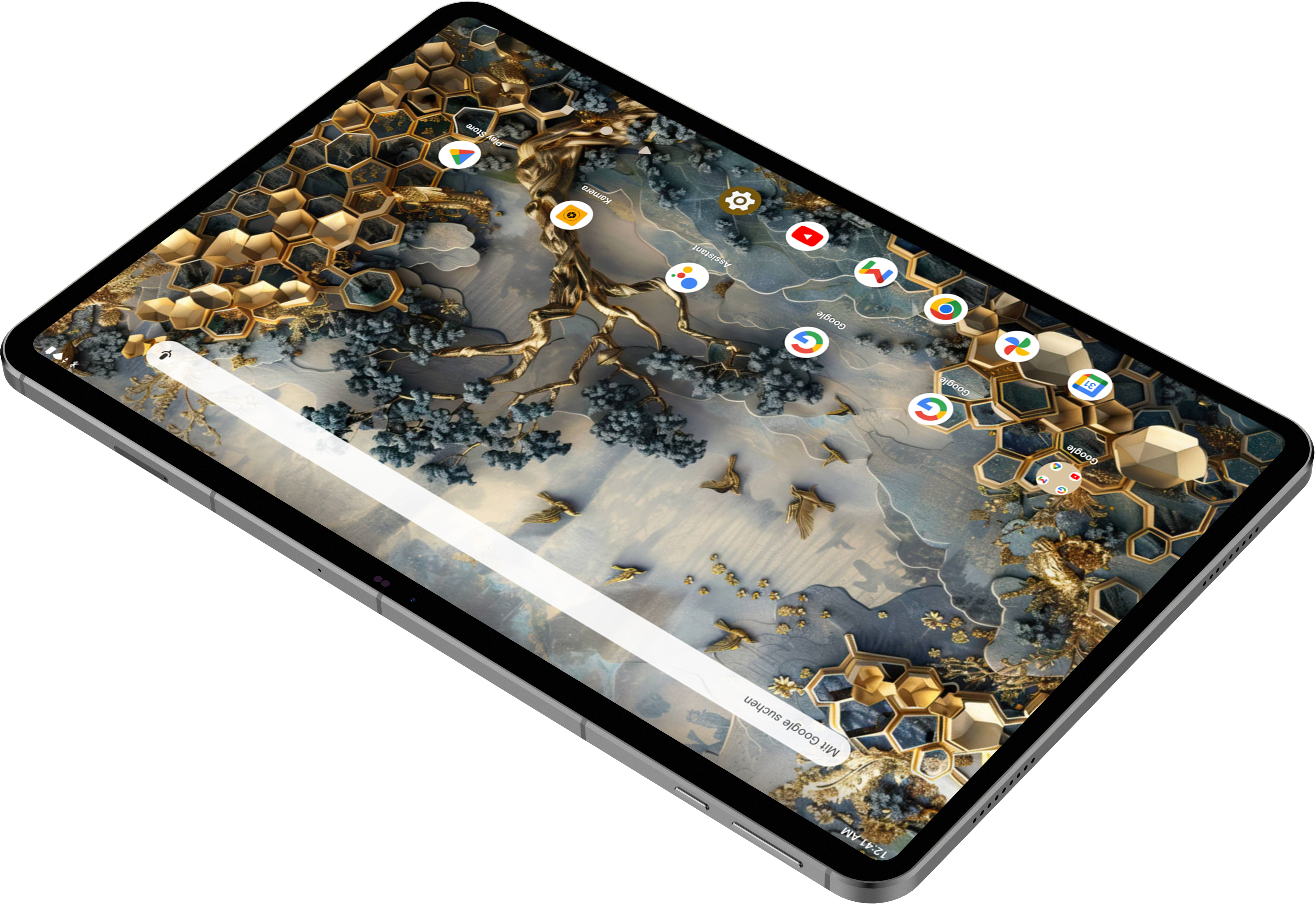 Tablet-Bildschirm mit Naturtapete und App-Symbolen. Das Gerät ist grau und angewinkelt, mit einer Suchleiste.