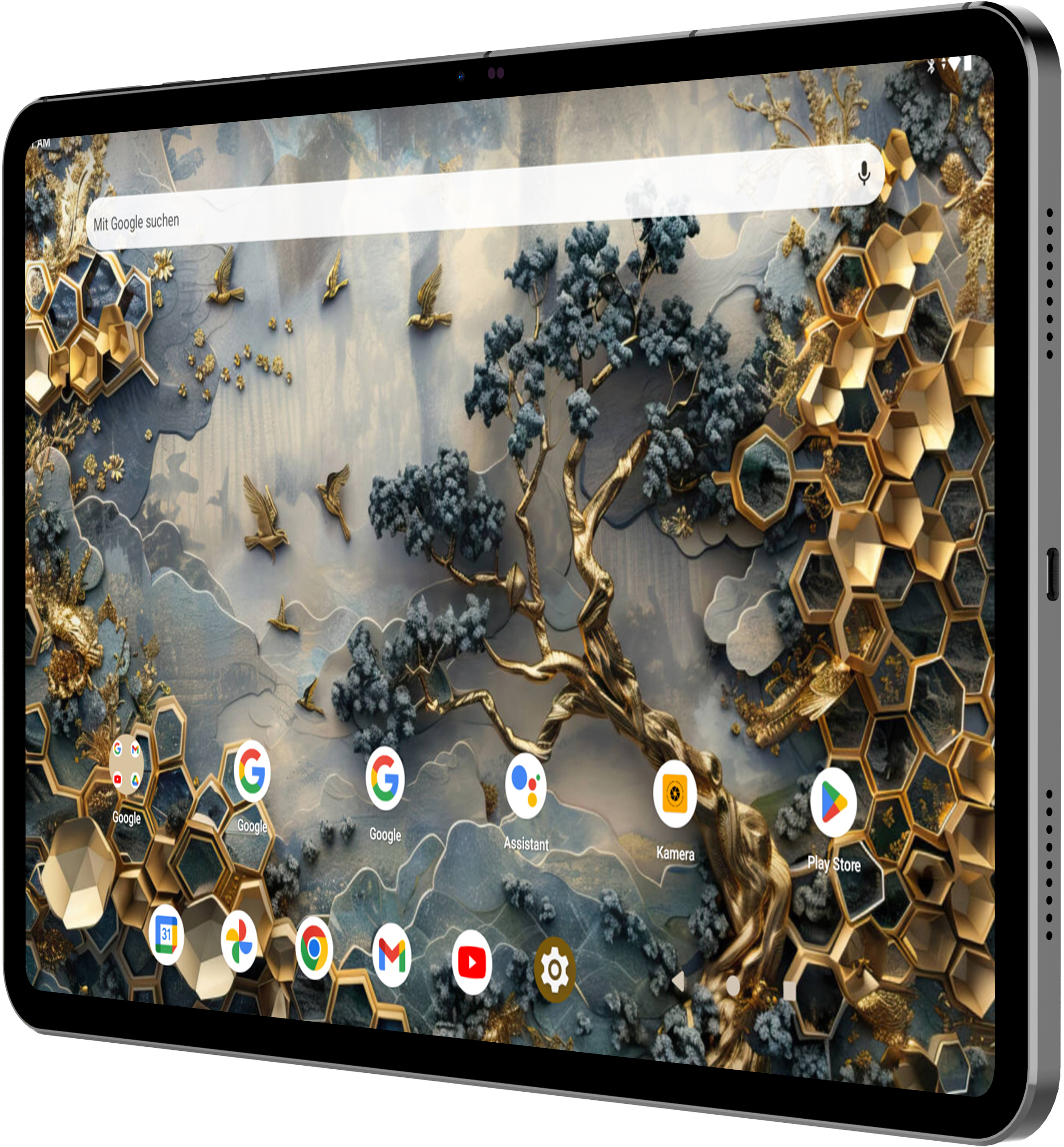 Tablet mit Natur-Hintergrund. Goldene Elemente und Icons sind sichtbar. Das Tablet hat ein schwarzes Gehäuse.