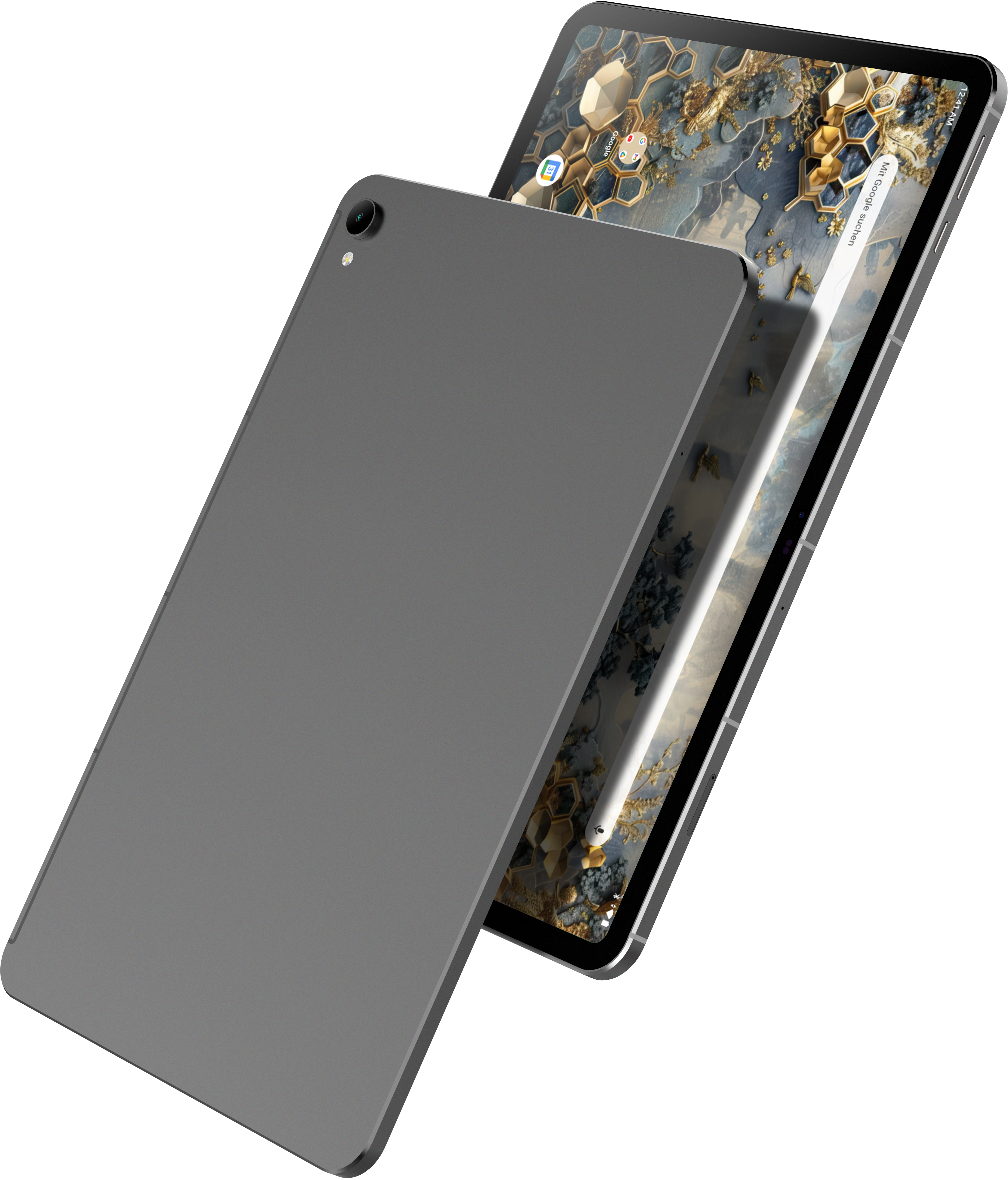 Zwei graue Tablets, eines verdeckt das andere teilweise. Der sichtbare Bildschirm zeigt einen dekorativen Hintergrund und App-Symbole.