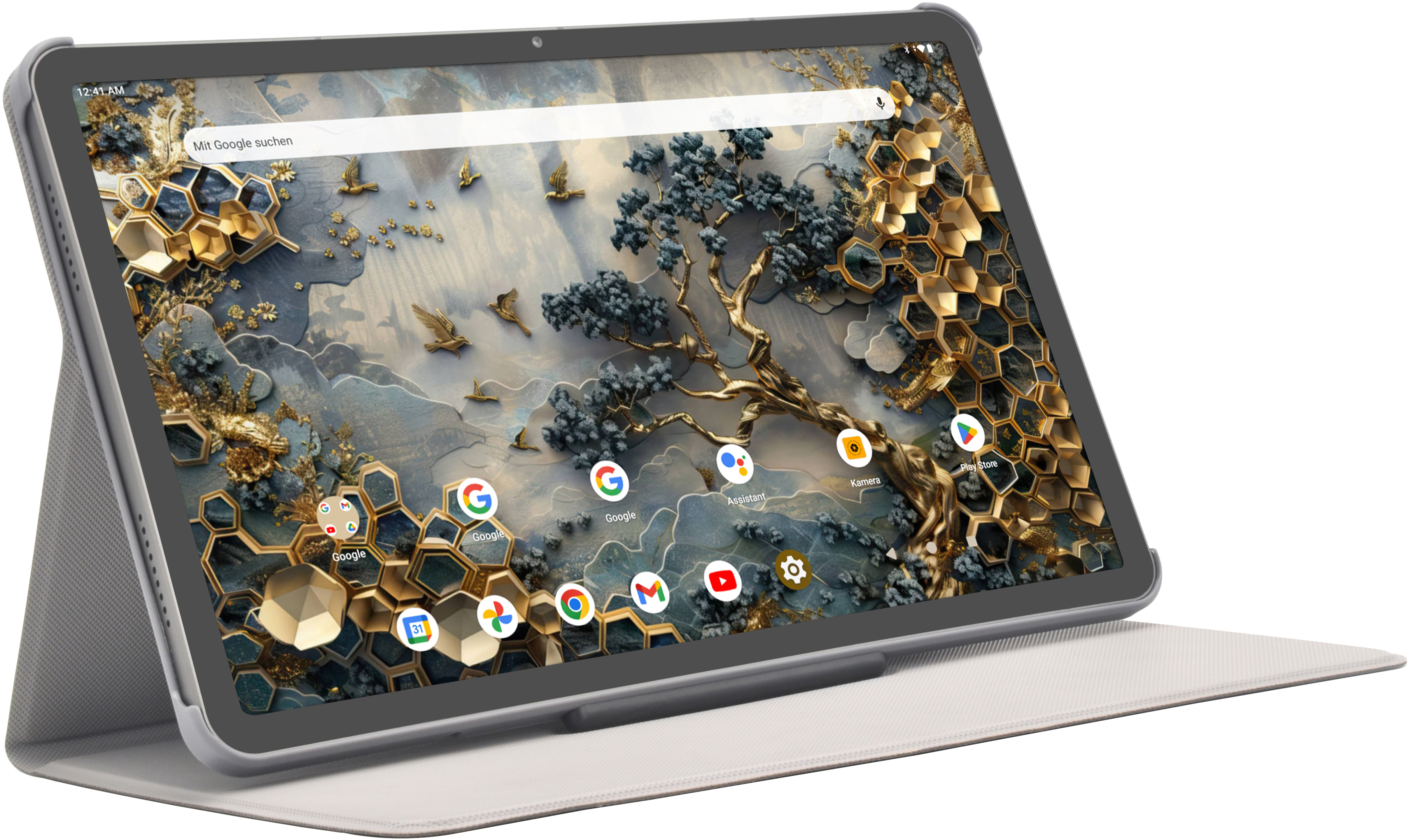 Tablet mit dekorativem Hintergrundbild mit goldenen Akzenten und Symbolen, in einer Schutzhülle.