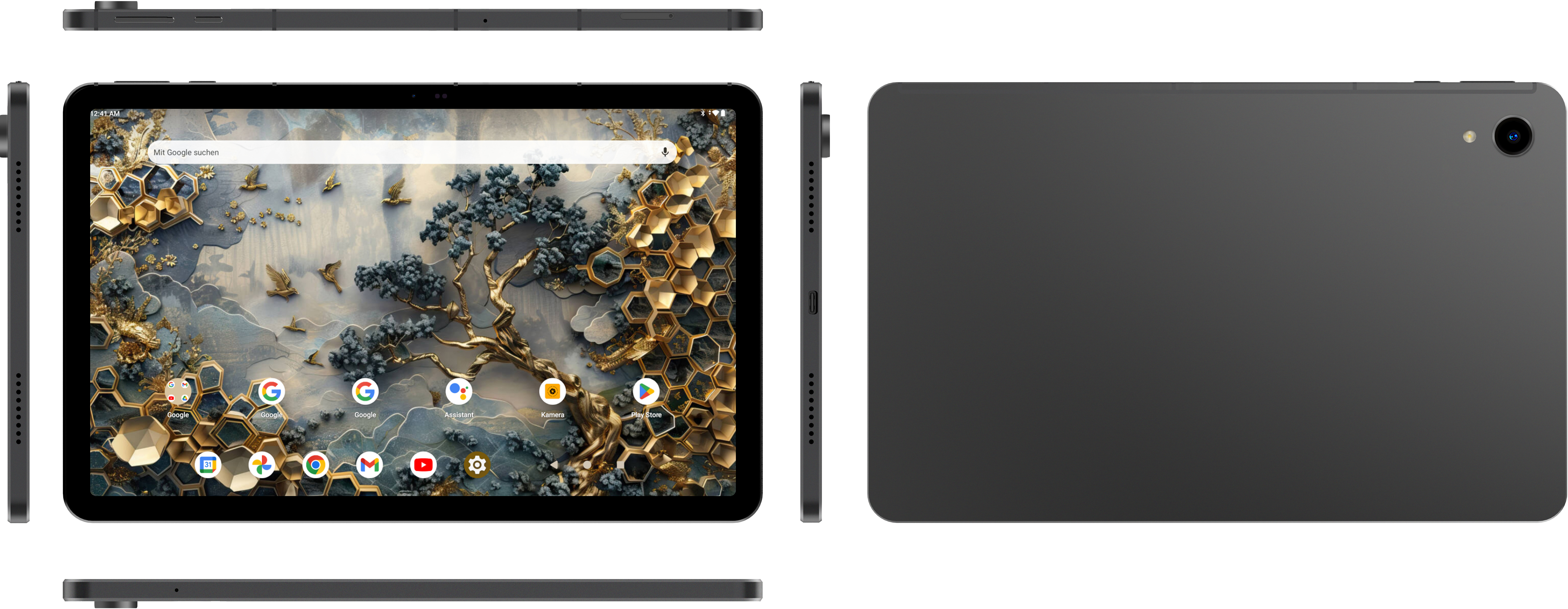 Tablet mit Vorder- und Rückseite. Der Frontbildschirm zeigt einen Homescreen mit Apps und einem Naturhintergrund.