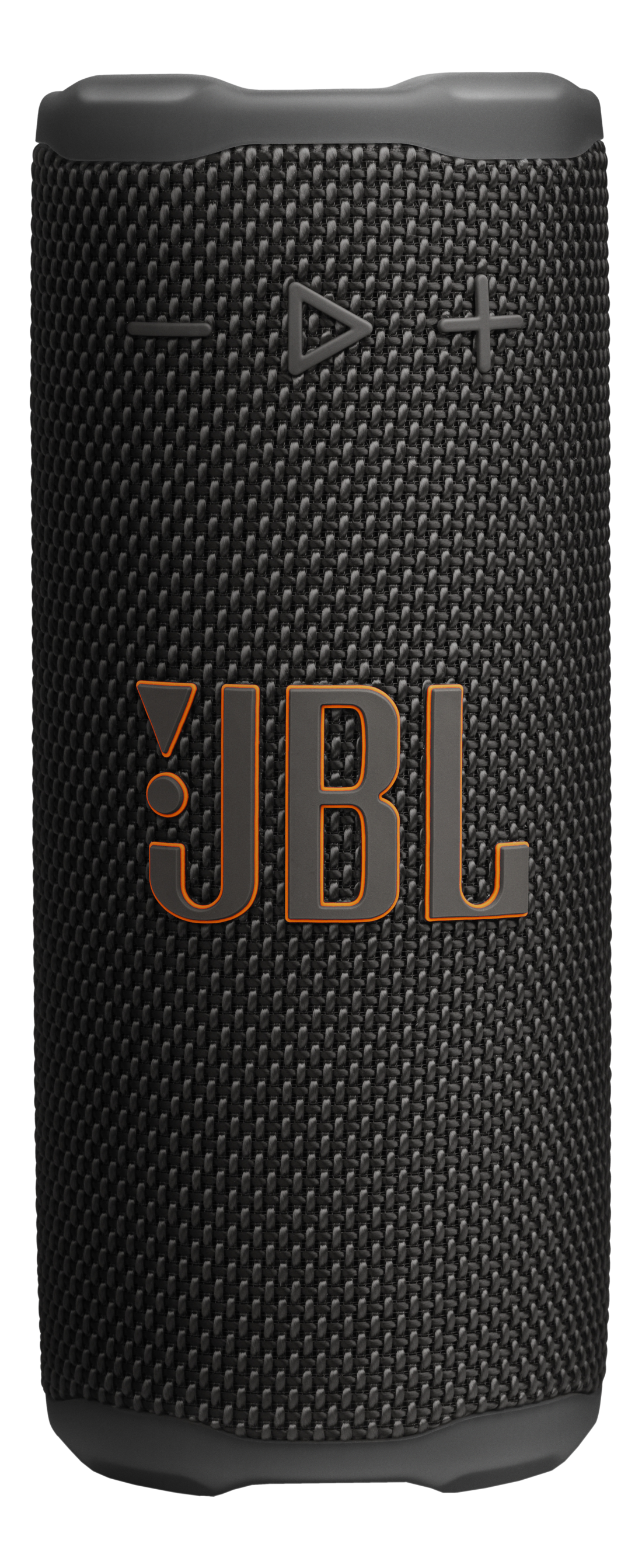 Un haut-parleur JBL noir. Le logo JBL orange et les icônes de contrôle sont visibles. Le haut-parleur a une surface en tissu texturé.