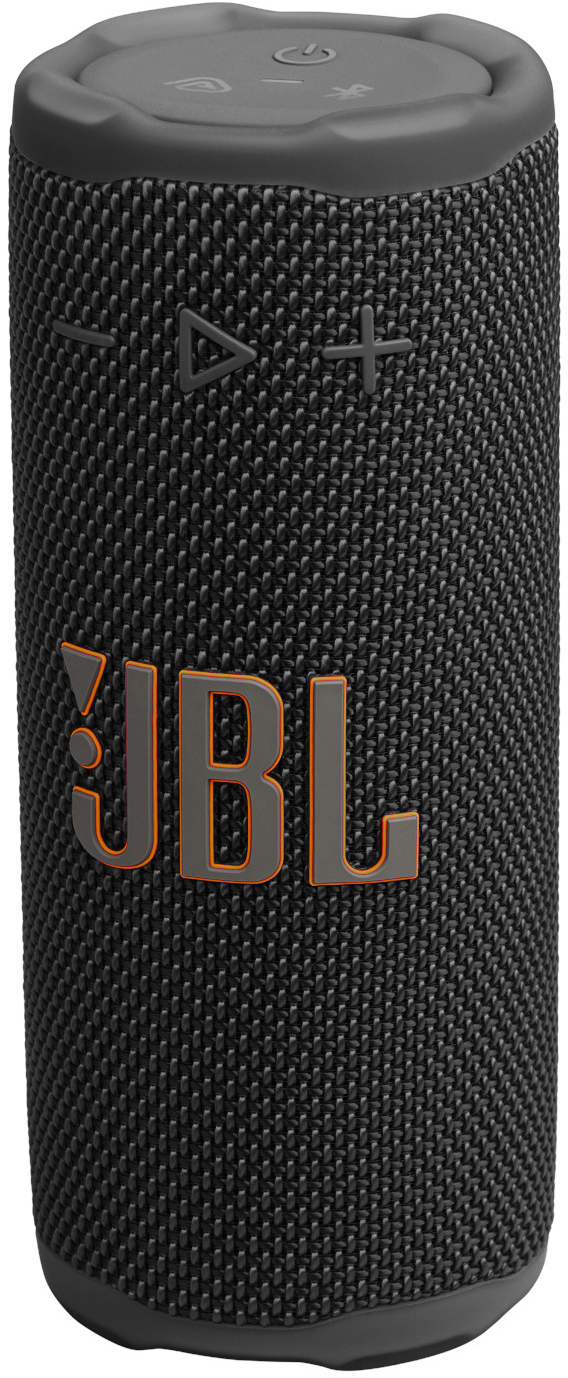 Haut-parleur JBL noir. Il a des commandes sur le dessus et le logo JBL à l'avant. Le haut-parleur est cylindrique.