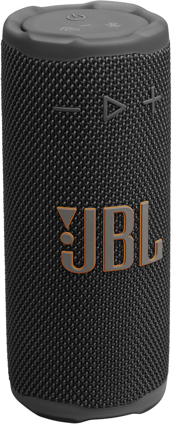 Enceinte portable JBL noire. Dispose de commandes de volume, d'un bouton d'alimentation et du logo JBL en orange et gris.