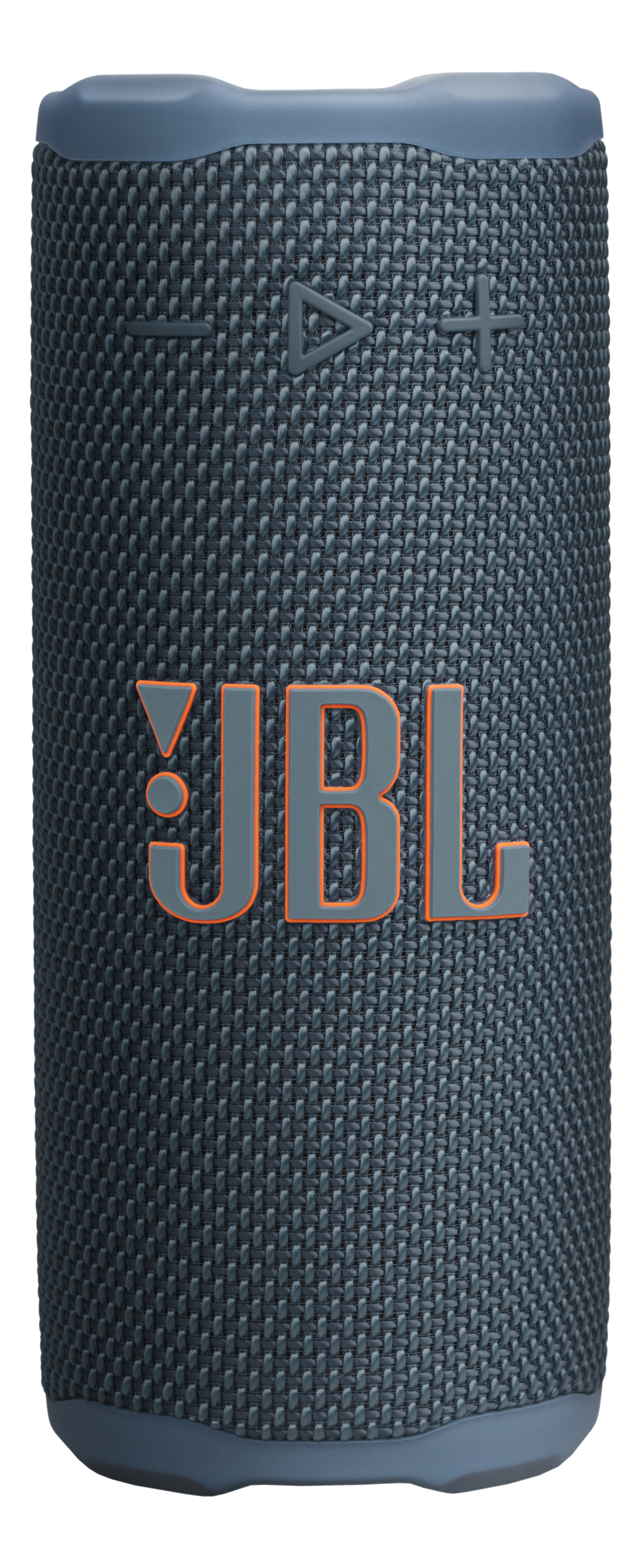 Un haut-parleur JBL bleu avec des touches d'orange. Le logo JBL est visible. Boutons lecture/pause en haut.