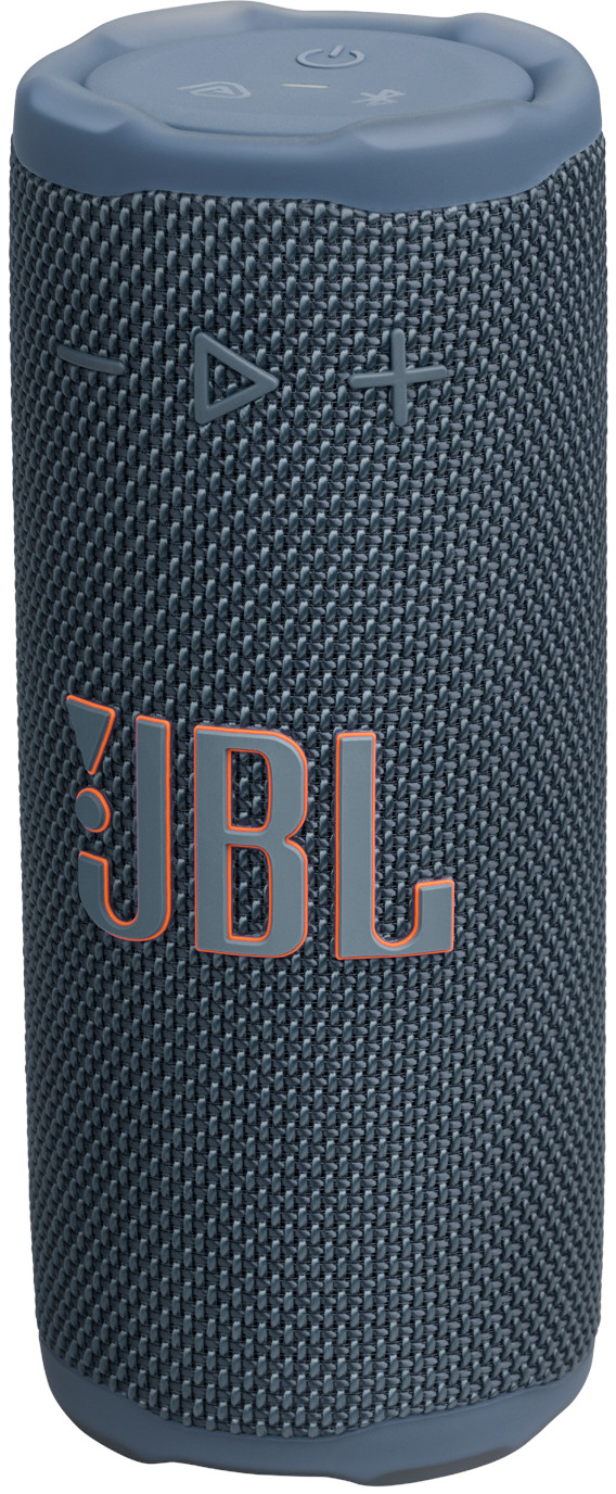 Un haut-parleur JBL cylindrique bleu-gris. Il a une texture en tissu tissé, le logo JBL et des boutons de commande.
