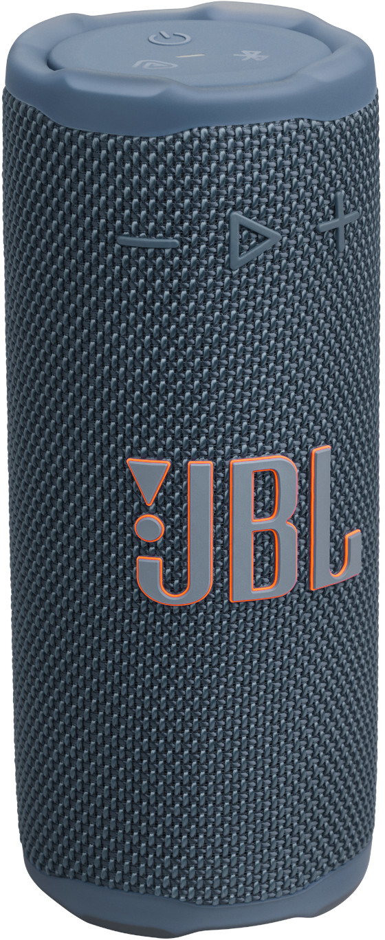 Un haut-parleur JBL cylindrique en sarcelle. Le logo JBL est affiché en gris avec des contours orange. Les commandes sont en haut.