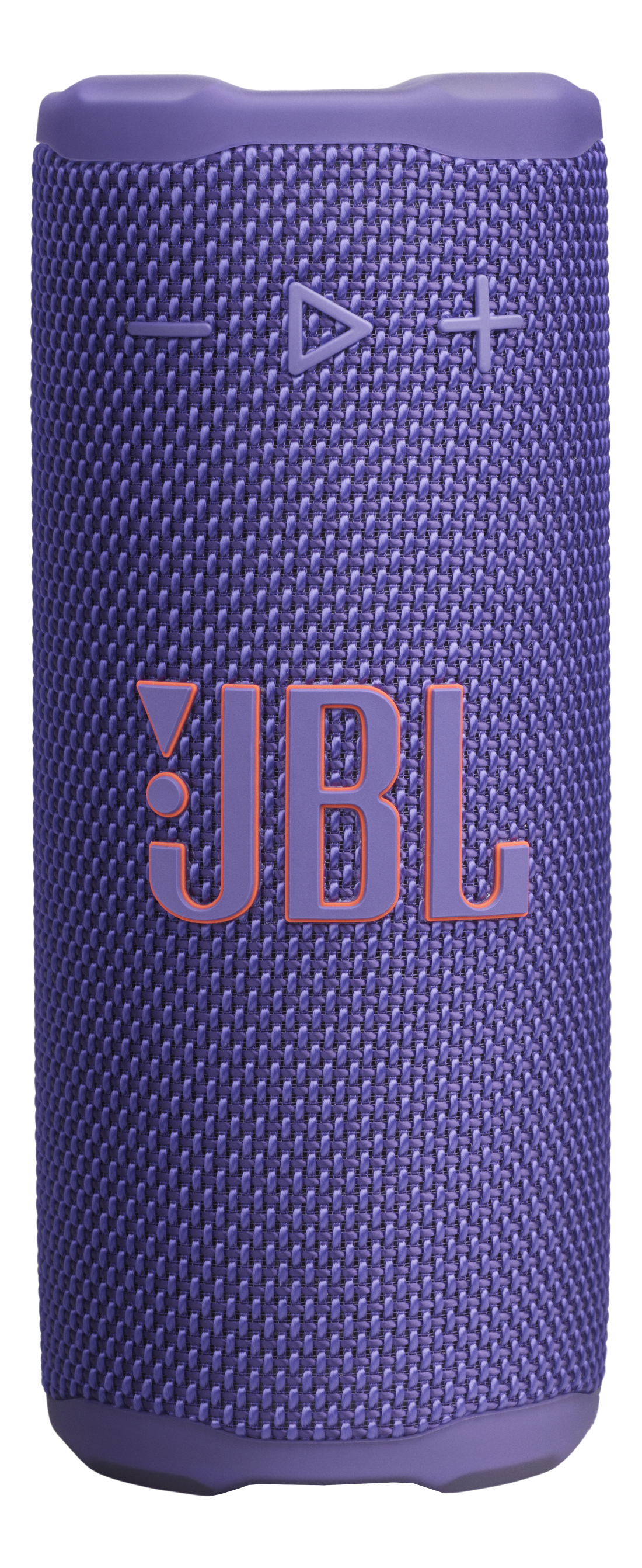Un haut-parleur JBL violet. Le logo JBL est orange, centré. Les boutons lecture/pause sont en haut. La texture est tissée.
