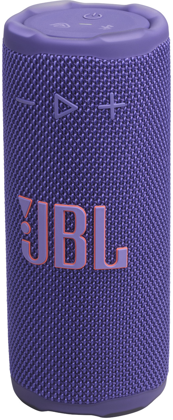 Enceinte JBL violette. Elle possède le logo JBL, des commandes de volume et un bouton d'alimentation. L'enceinte est cylindrique.