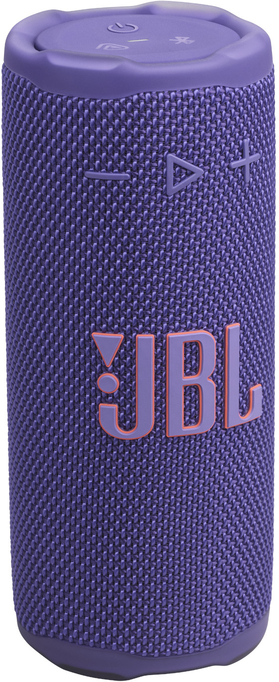 Une enceinte JBL violette. Le logo est visible. Elle possède des boutons lecture/pause et volume.