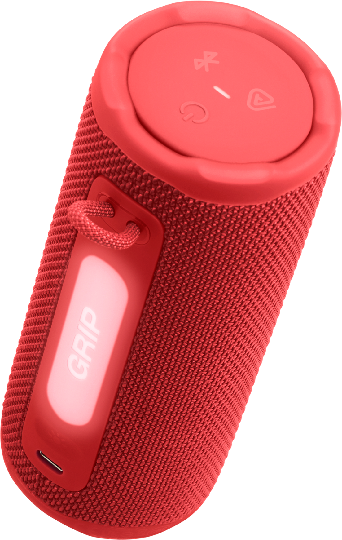 Haut-parleur portable rouge avec étiquette 'GRIP' et boutons de commande. Symboles Bluetooth et alimentation visibles. Le haut-parleur est sur fond noir.