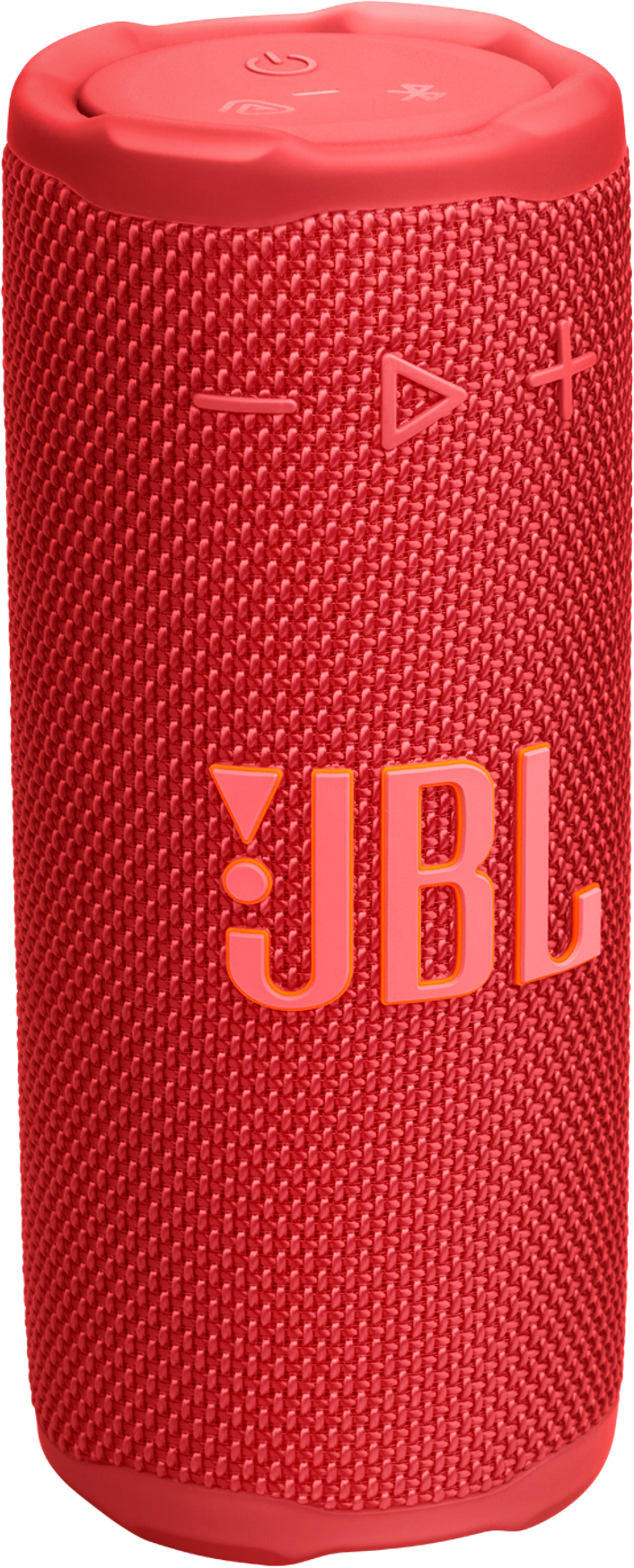 Haut-parleur JBL rouge. Boutons en haut. Le logo JBL est proéminent. Le haut-parleur a un corps en tissu texturé.