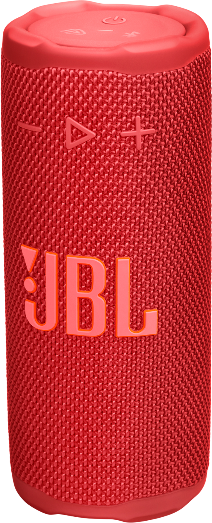Un haut-parleur JBL rouge. Il est cylindrique avec un tissu en maille. Le logo JBL est visible. Il y a des boutons de commande sur le dessus.