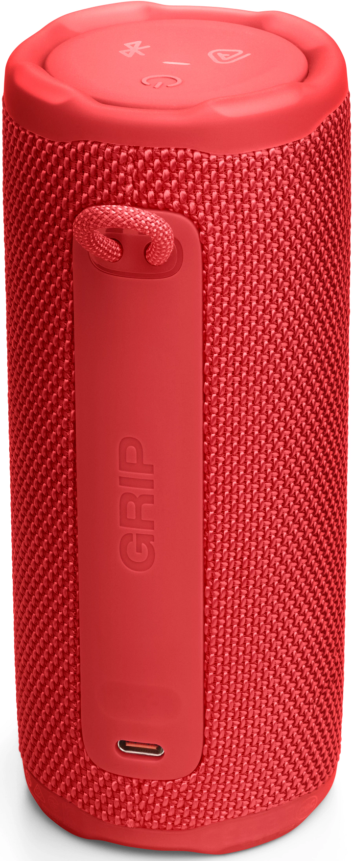 Une enceinte cylindrique rouge avec une sangle 'GRIP'. Elle possède des boutons et un port USB. L'enceinte est sur fond blanc.