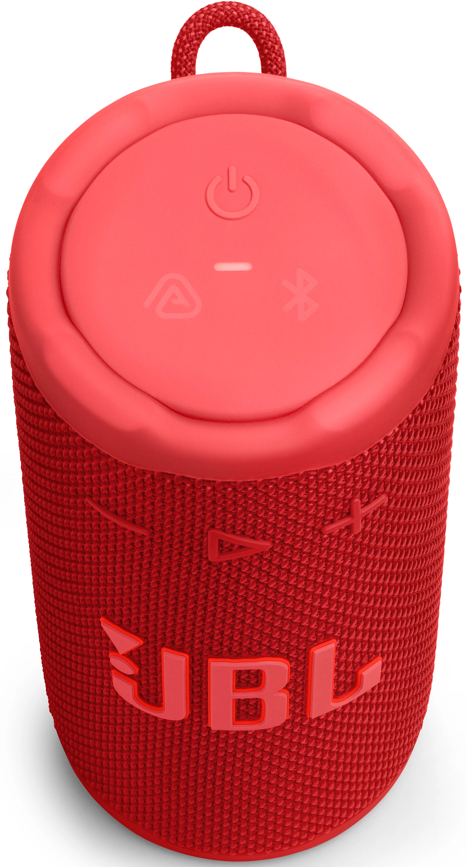 Une enceinte JBL rouge. Elle possède un bouton d'alimentation, des commandes de volume et le logo JBL. Elle a une boucle de transport.