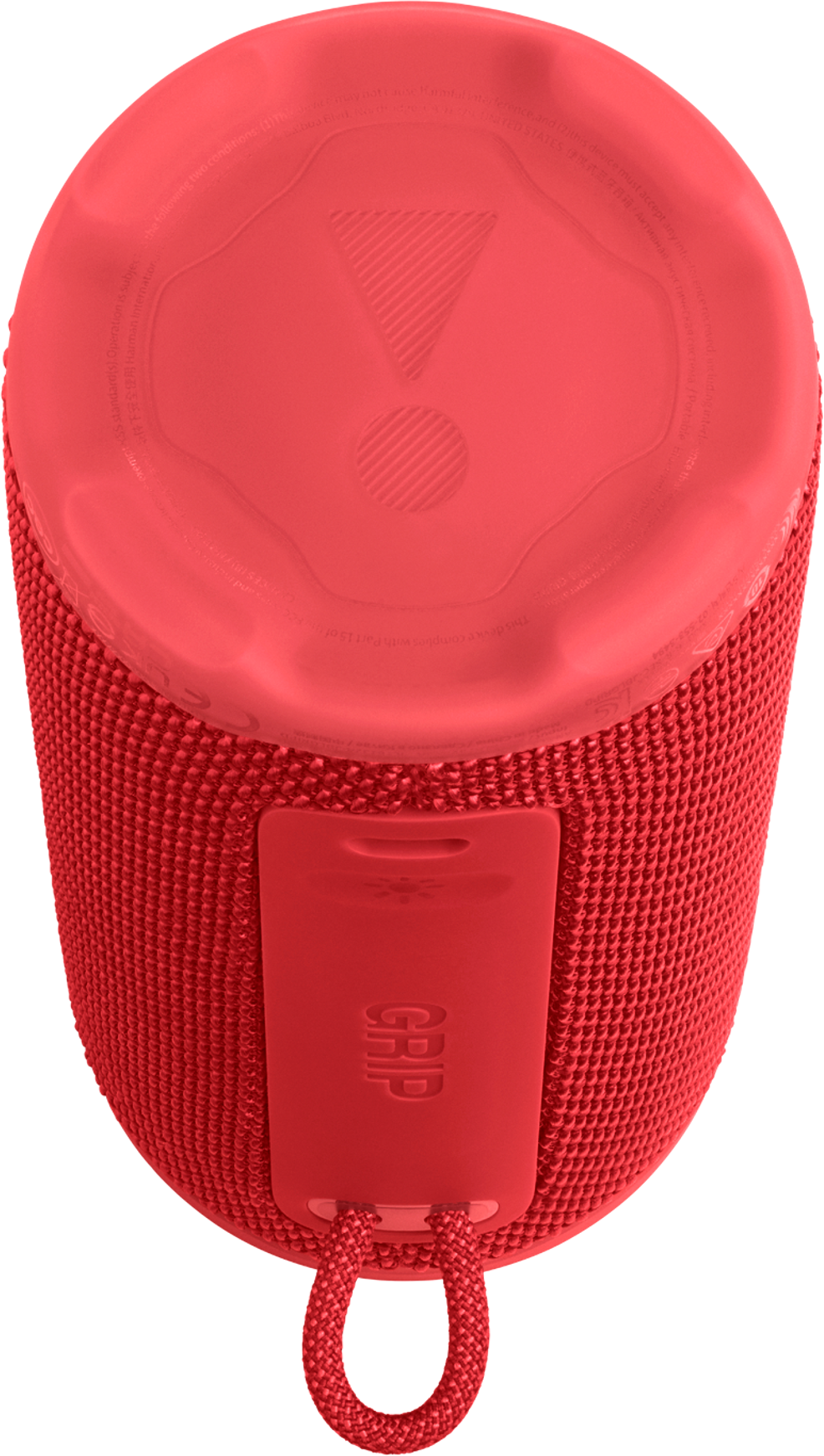 Un haut-parleur cylindrique rouge avec une surface texturée. Il possède une poignée et un logo sur le dessus.