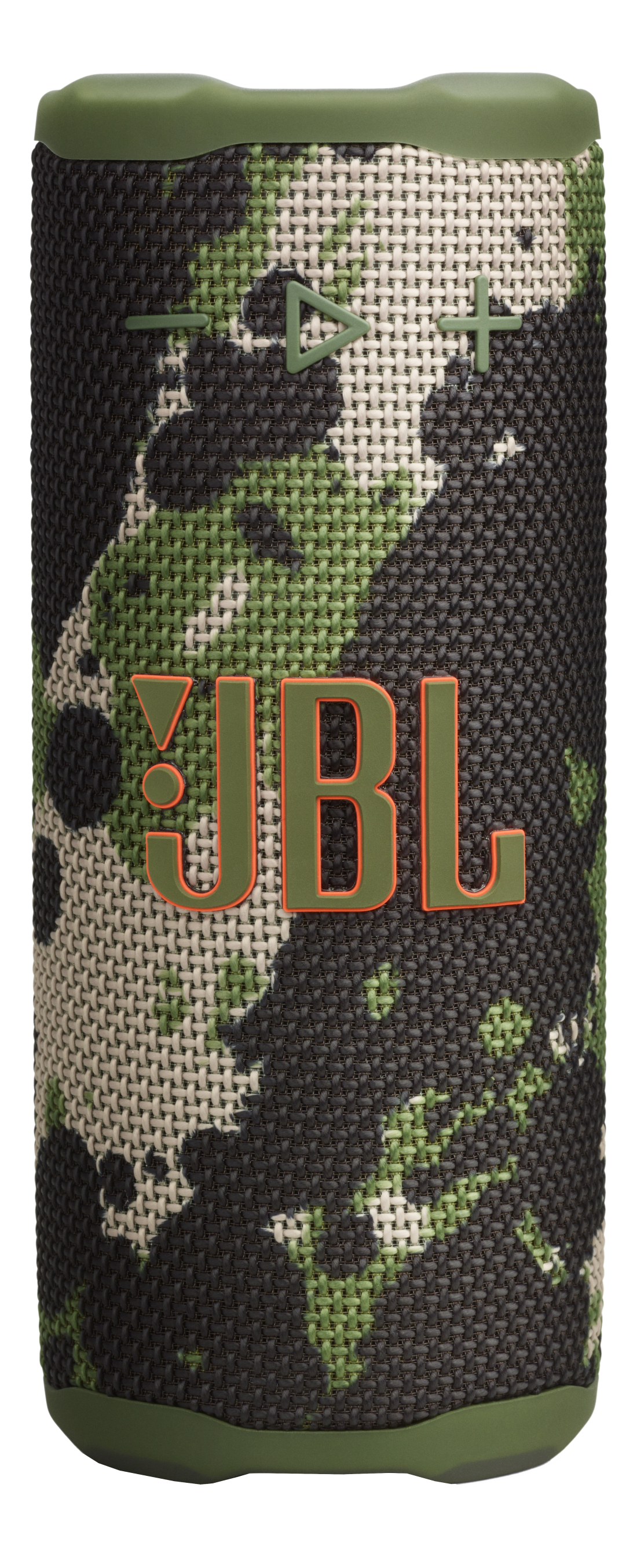 Une enceinte portable JBL avec un motif camouflage vert et noir. Le logo JBL est vert avec un contour orange.