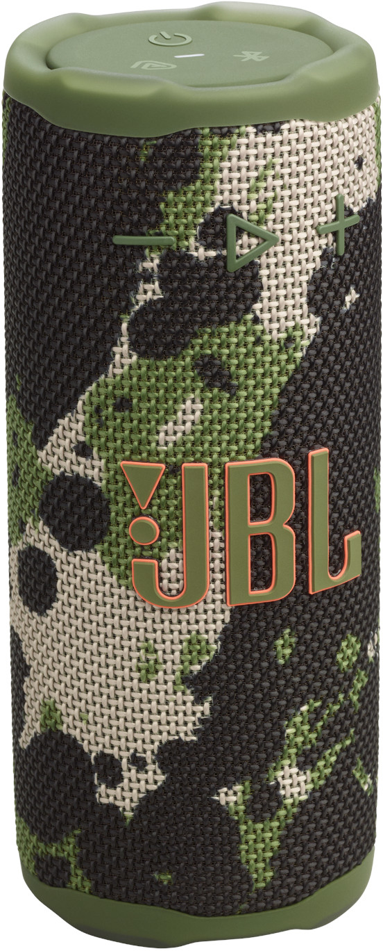 Enceinte JBL camouflage. Dessus et base verts, motif camouflage vert, noir et blanc. Logo JBL en façade.