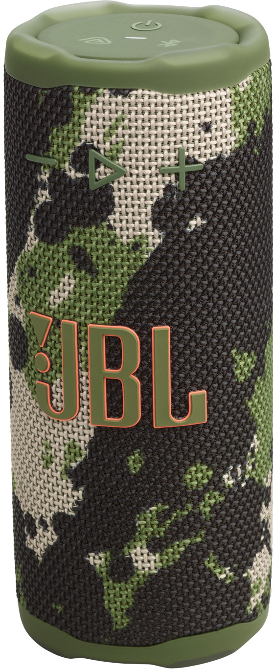 Un haut-parleur JBL cylindrique avec un motif camouflage vert, noir et blanc. Le logo JBL est visible.