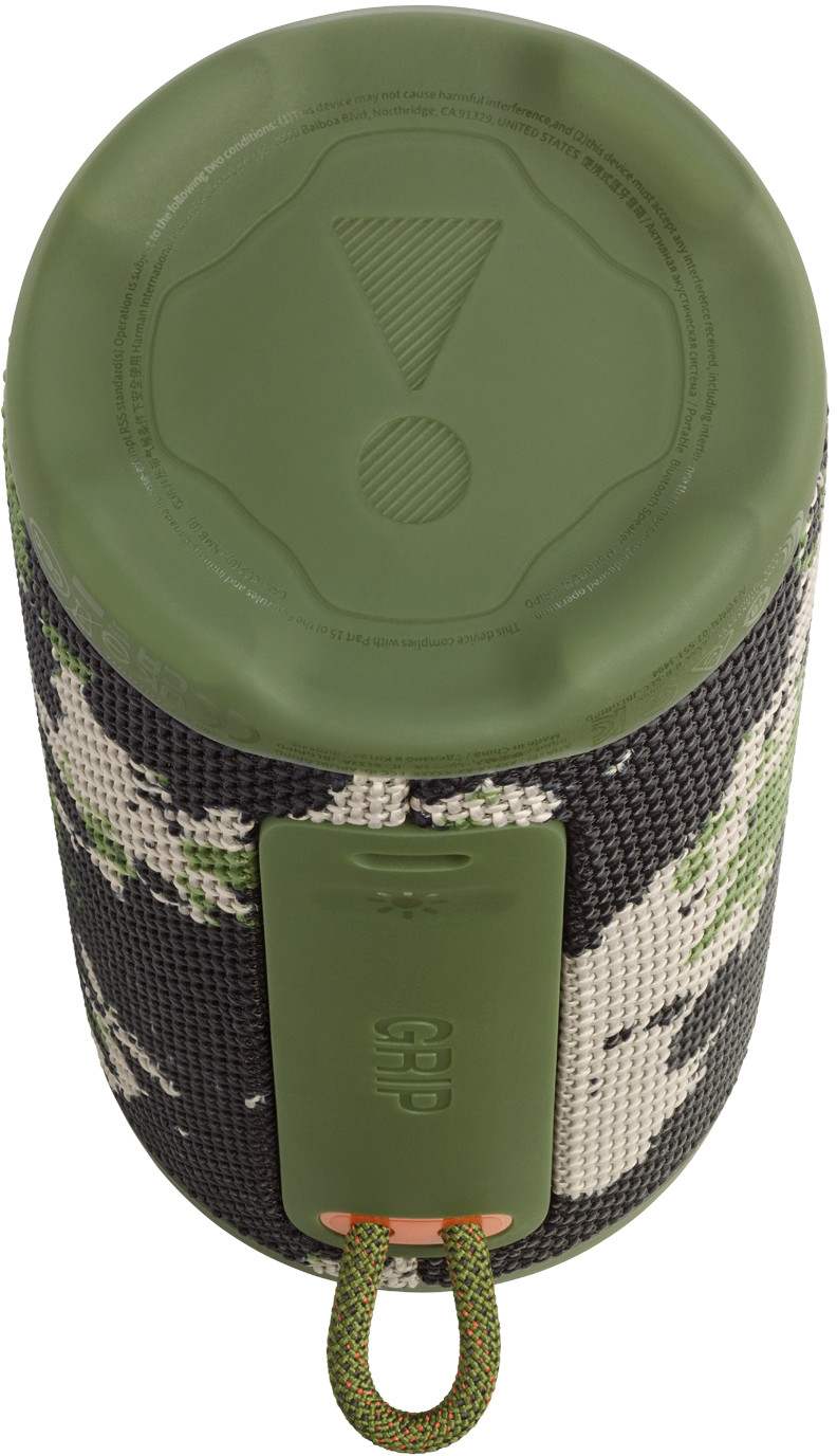 Haut-parleur vert et camouflage. Comporte un dessus vert avec un point d'exclamation, une poignée verte et une poignée en corde.