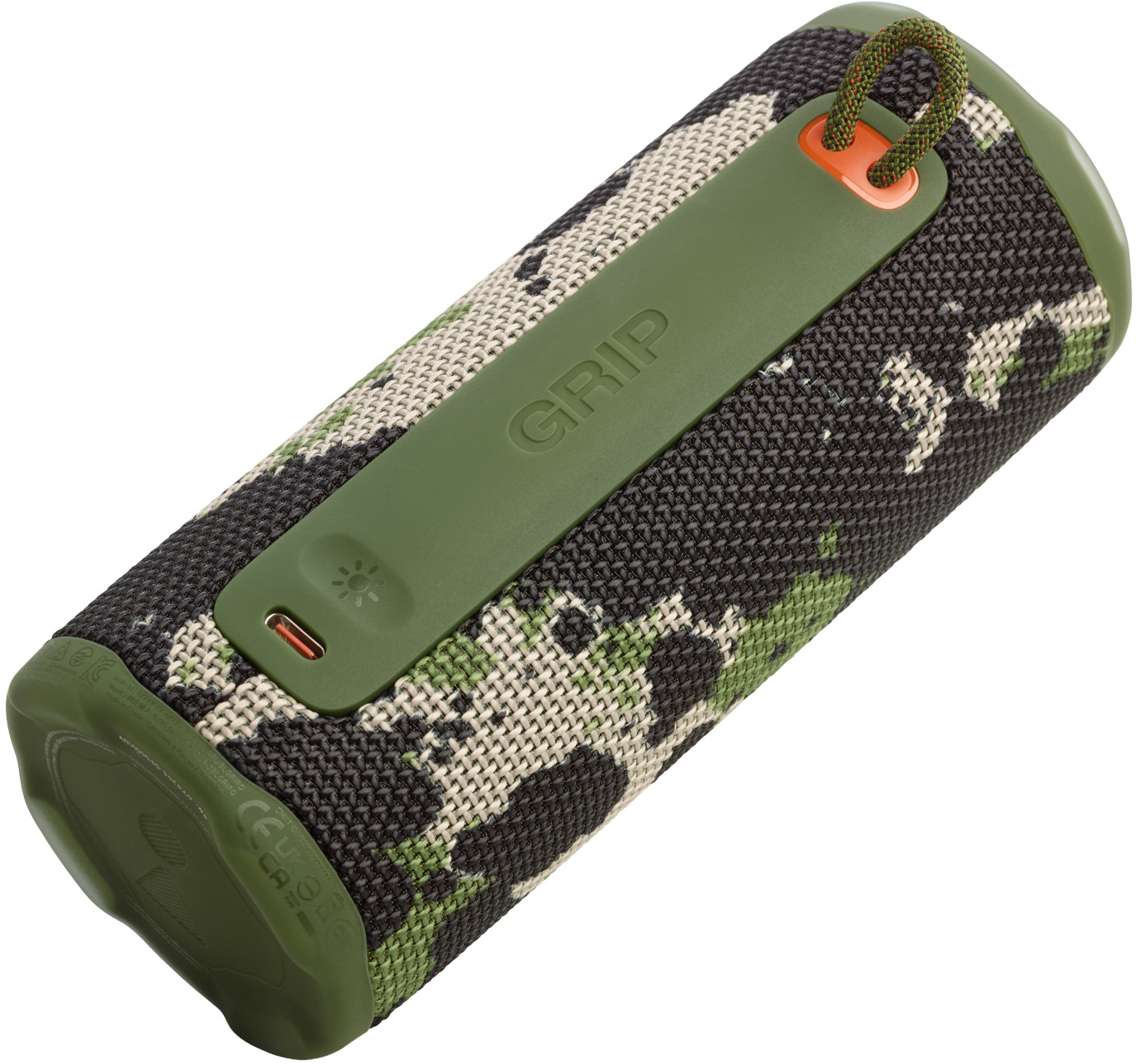 Haut-parleur cylindrique avec motif camouflage, accents verts et une poignée. Le mot 'GRIP' est visible.
