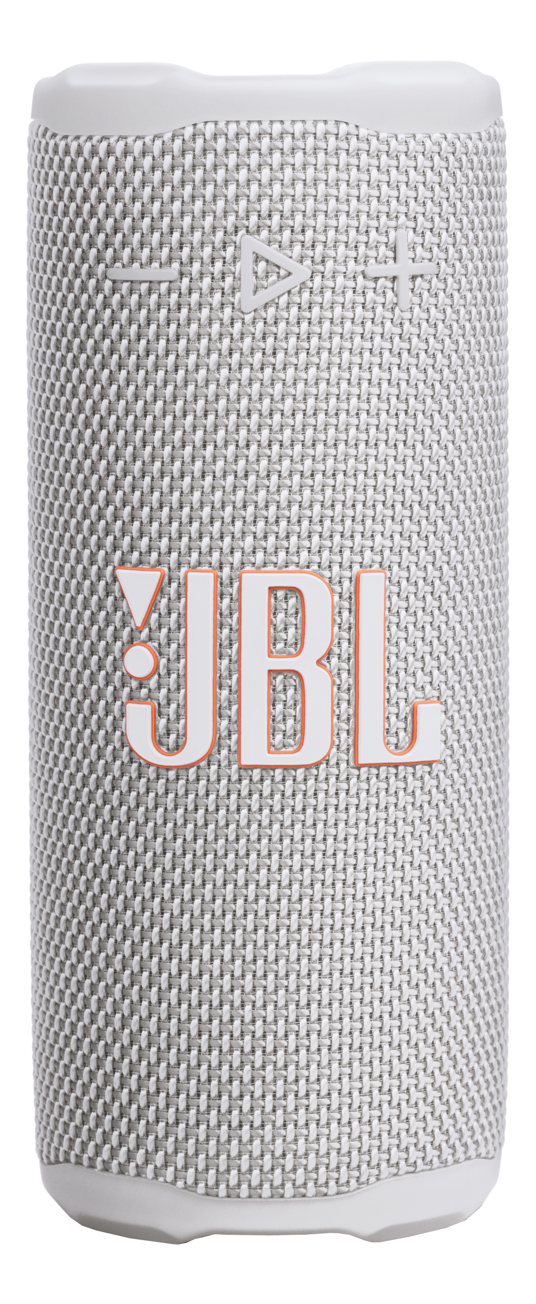 Un haut-parleur JBL blanc avec tissu gris. Le logo JBL est blanc avec des contours orange. Boutons de lecture et de volume visibles.