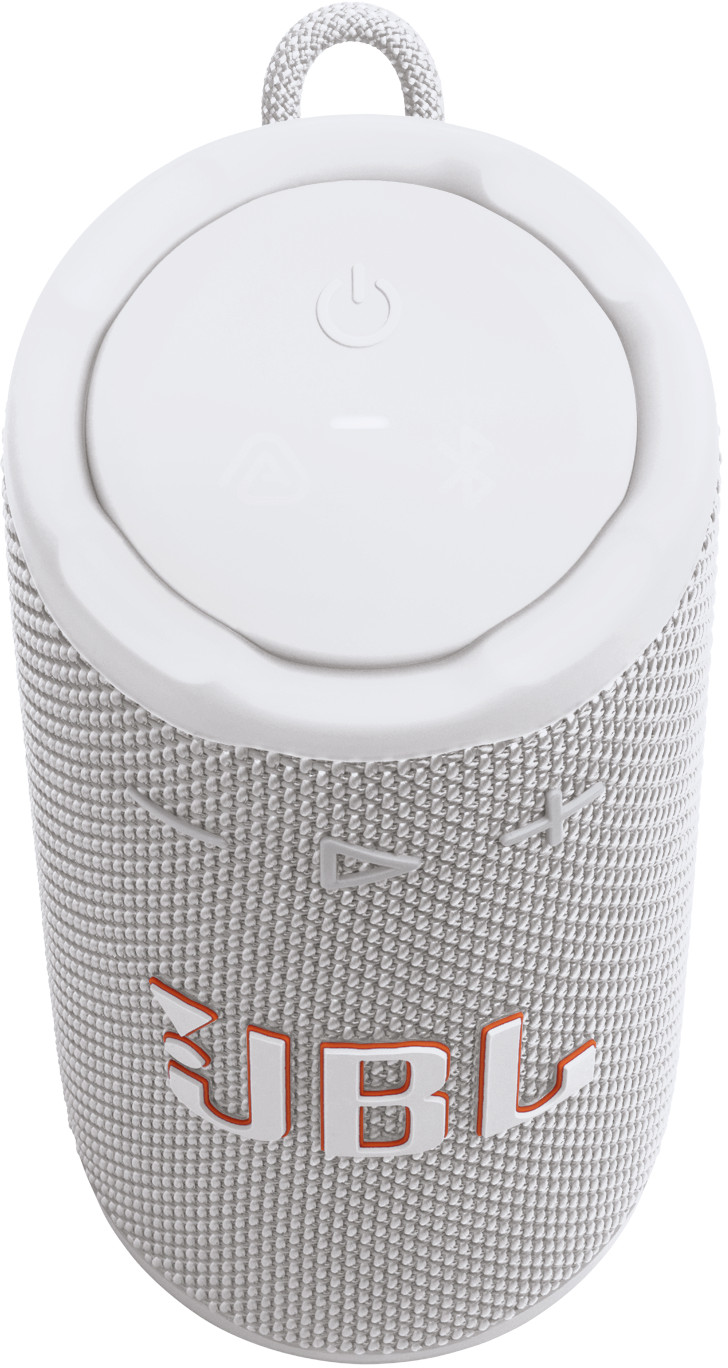 Un haut-parleur JBL blanc avec des touches d'orange. Comprend un bouton d'alimentation, une poignée et le logo JBL.