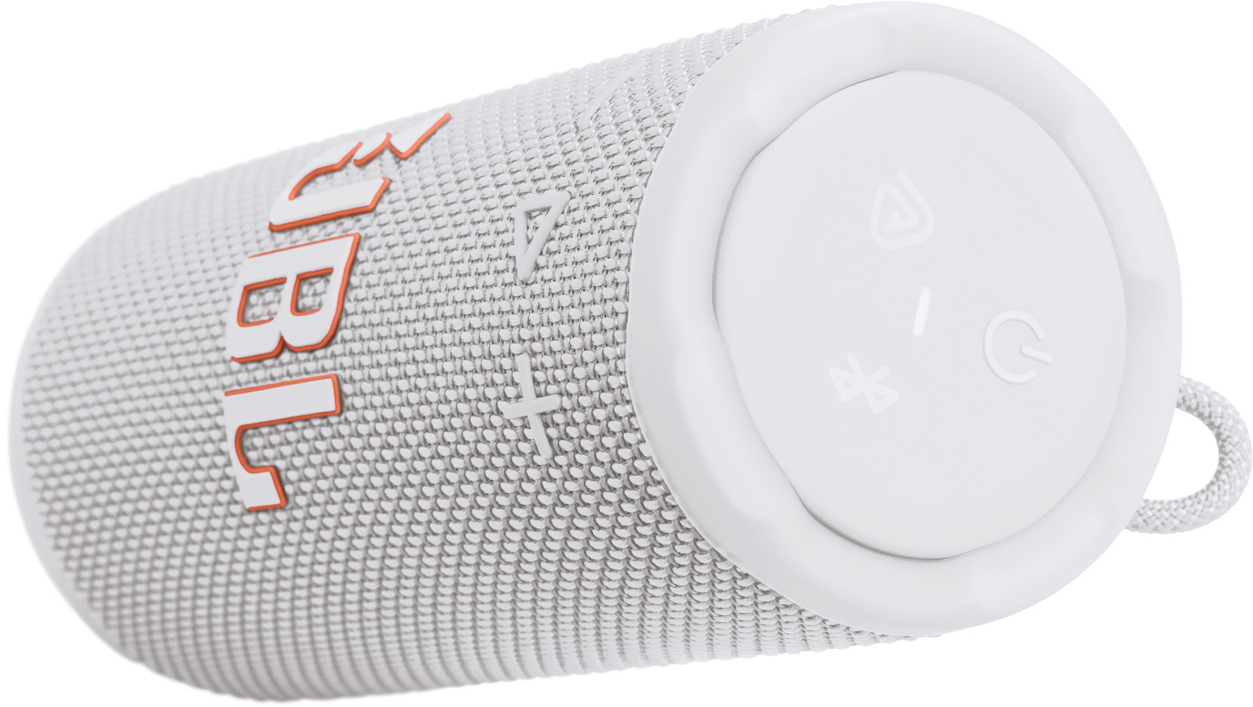 Haut-parleur JBL blanc. Logo JBL orange. Boutons blancs et une boucle. Le haut-parleur est cylindrique.