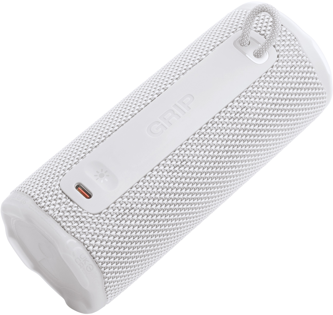 Une enceinte portable cylindrique blanche. Elle a une texture tissée et une bande blanche avec 'GRIP' imprimé. Une boucle de transport est visible.