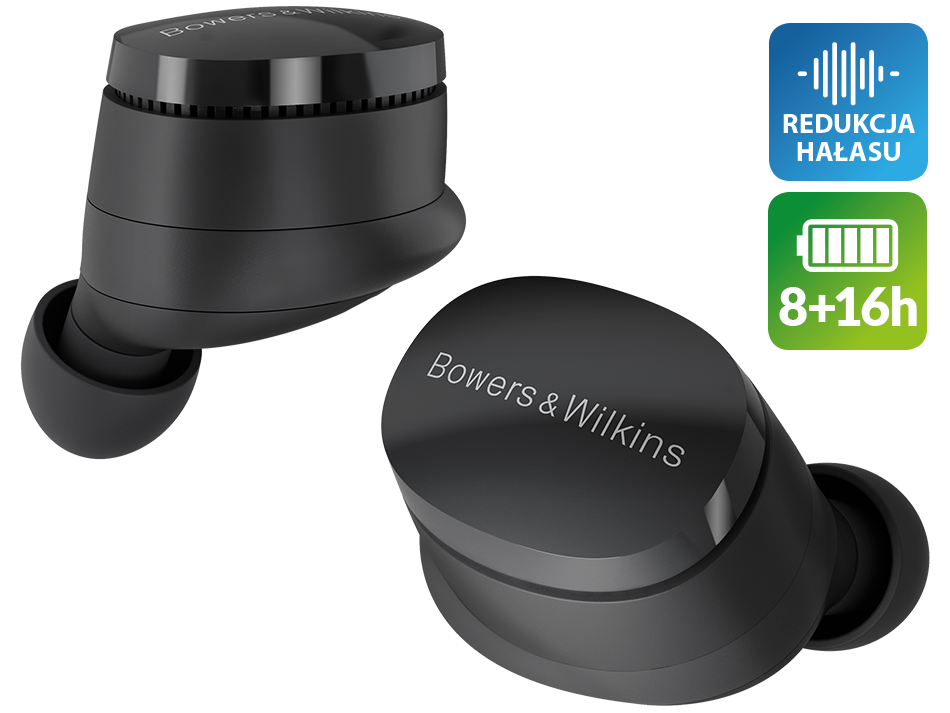 Dwa czarne bezprzewodowe słuchawki Bowers & Wilkins, z widoczną nazwą marki. Ikony redukcji szumów i baterii 8+16h.