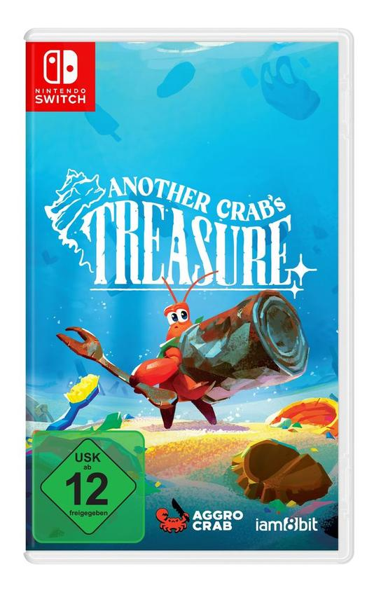 Spielhülle für 'Another Crab's Treasure'. Eine rote Krabbe hält eine rostige Dose. Der Hintergrund ist eine blaue Unterwasserszene.