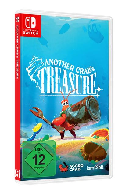 Spielhülle für 'Another Crab's Treasure'. Eine Krabbe hält einen Baumstamm vor blauem Ozeanhintergrund. Logo: Nintendo Switch.