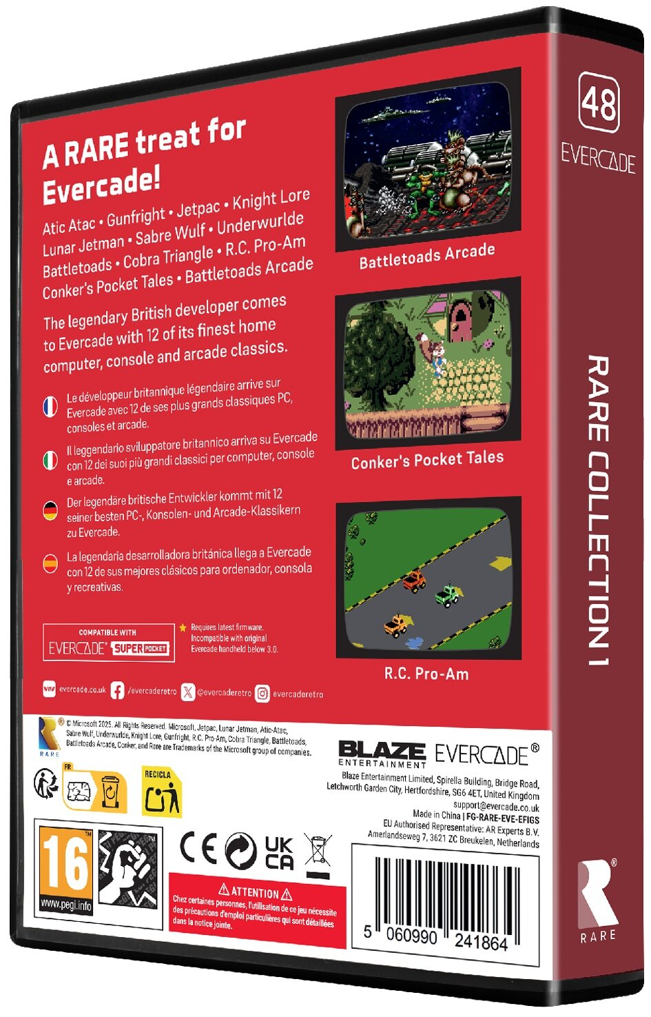 Pudełko gry Evercade Rare Collection 1. Wyświetla tytuły gier, takie jak Battletoads i Conker's Pocket Tales. Schemat kolorów czerwony i czarny.