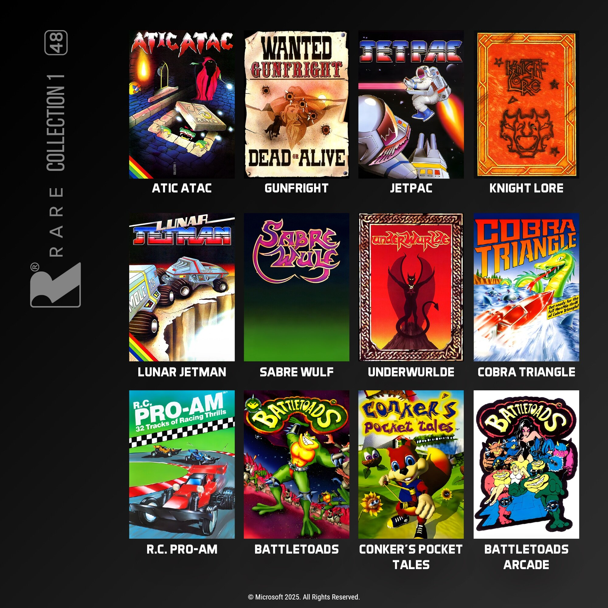 Obraz zawiera okładki gier: Atic Atac, Gunfight, Jetpac, Knight Lore, Lunar Jetman, Sabre Wulf, Underwurlde, Cobra Triangle.