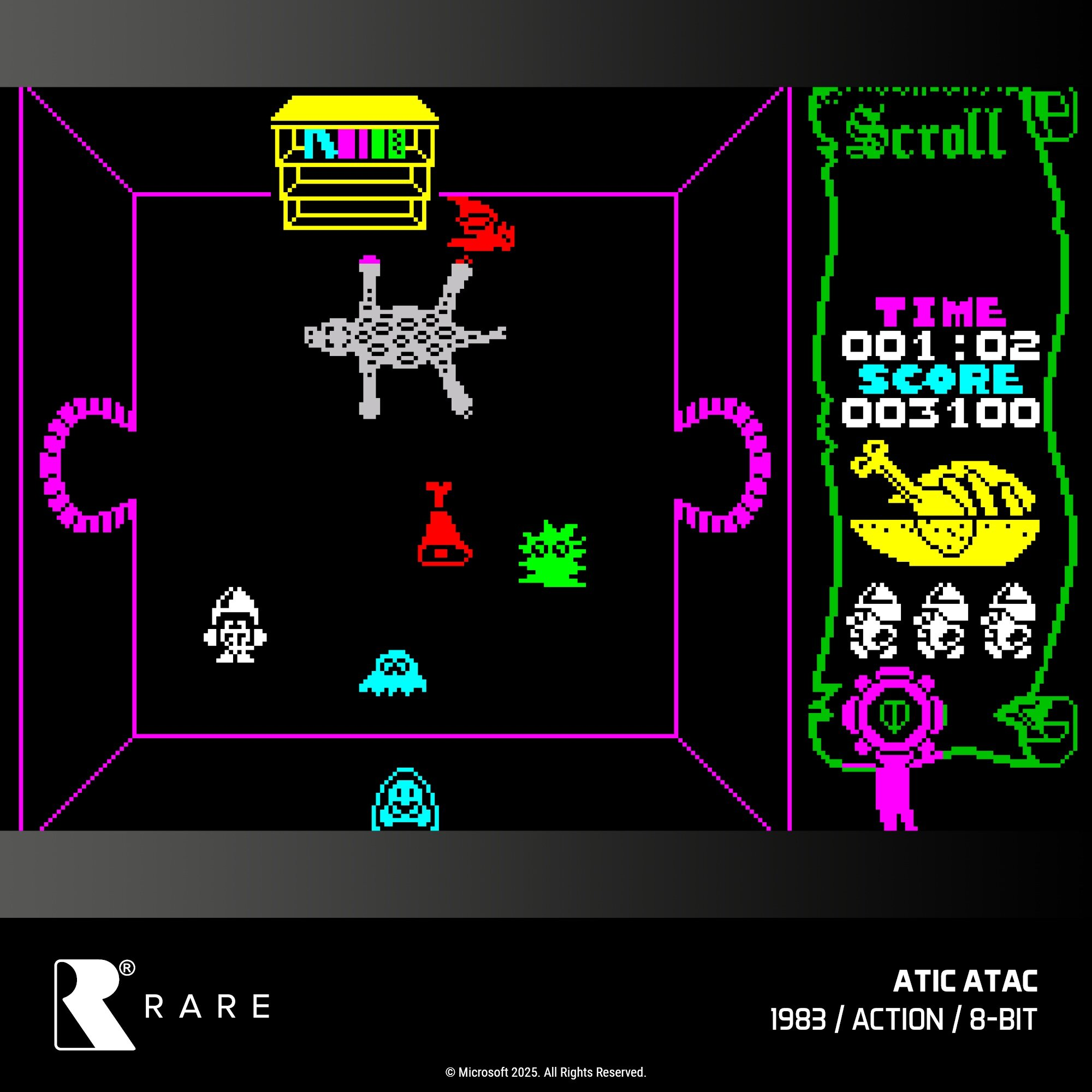 Ekran gry wideo w stylu retro. Pikselowi bohaterowie i obiekty są wyświetlane na czarnym tle. Informacje o grze widoczne po prawej.