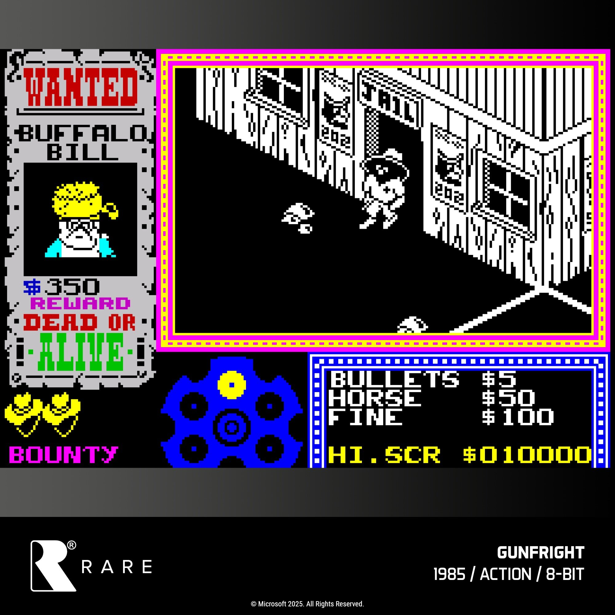 Ekran gry 8-bit z plakatem poszukiwawczym, kowbojem przed saloonem i info gry. Tekst: Gunfight, 1985, Akcja.