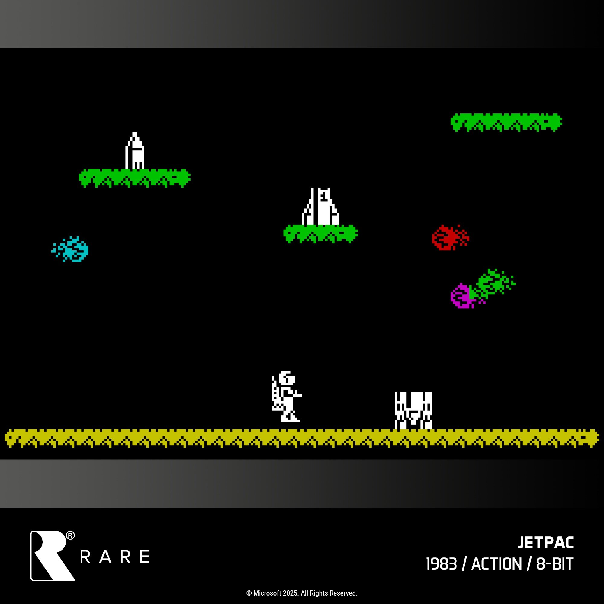 Scena z gry 8-bit z astronautą, platformami i wrogami. Platformy są zielone, wrogowie są czerwoni, niebiescy, zieloni i fioletowi.