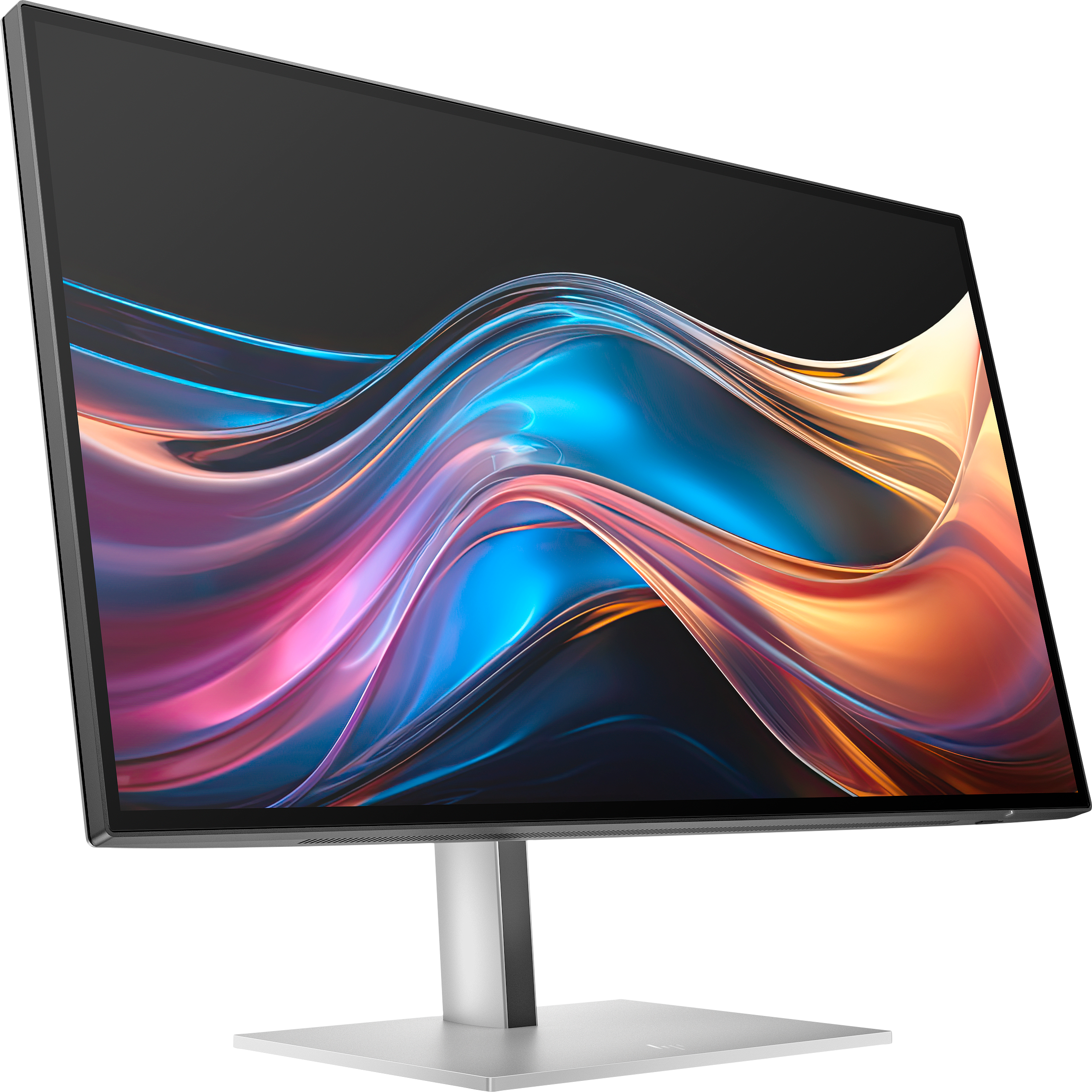 Un monitor per computer argentato mostra un design astratto e colorato su sfondo nero. È su un supporto argentato.