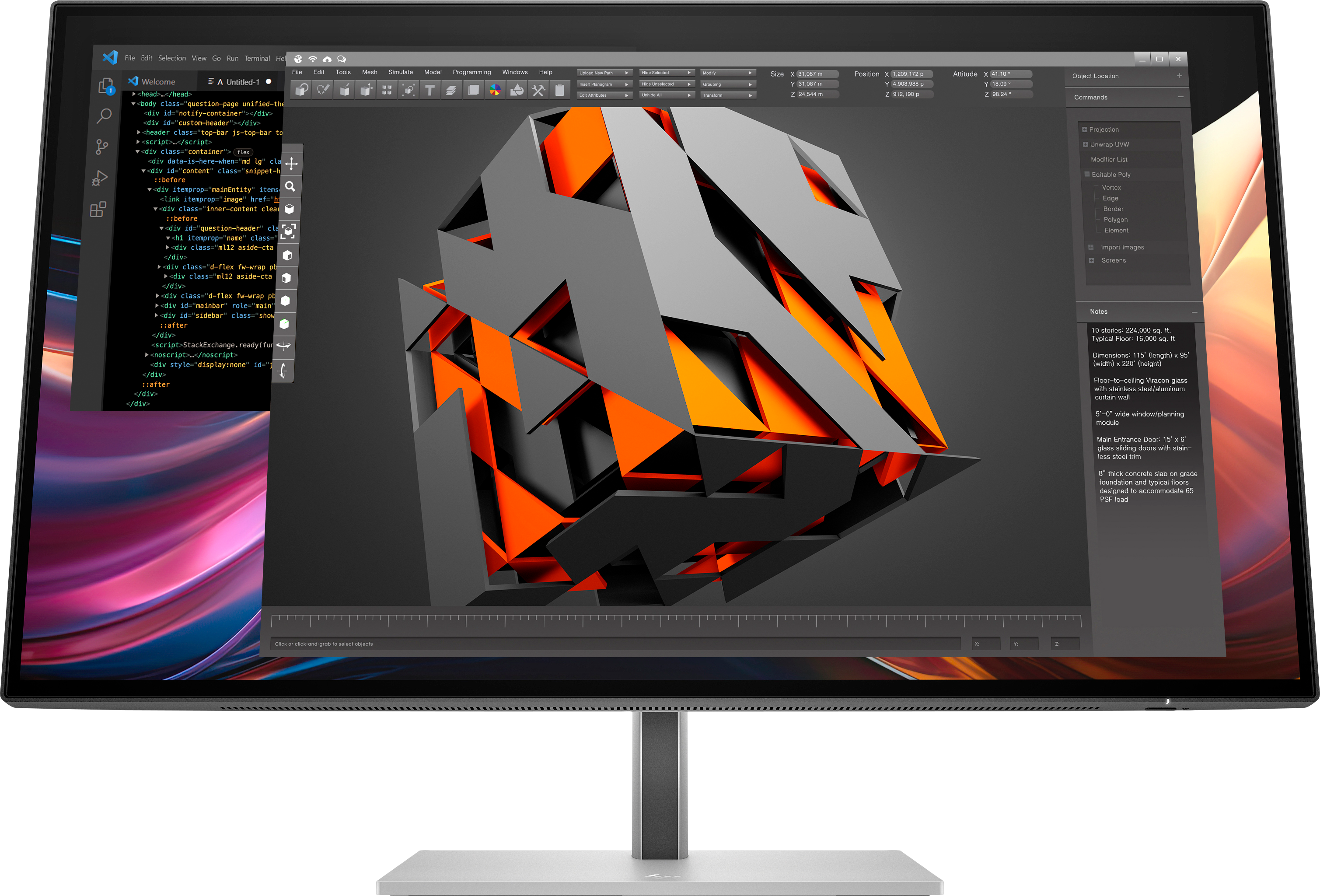 Un monitor di computer mostra un modello 3D con forme geometriche arancioni e grigie e un'interfaccia di codifica.