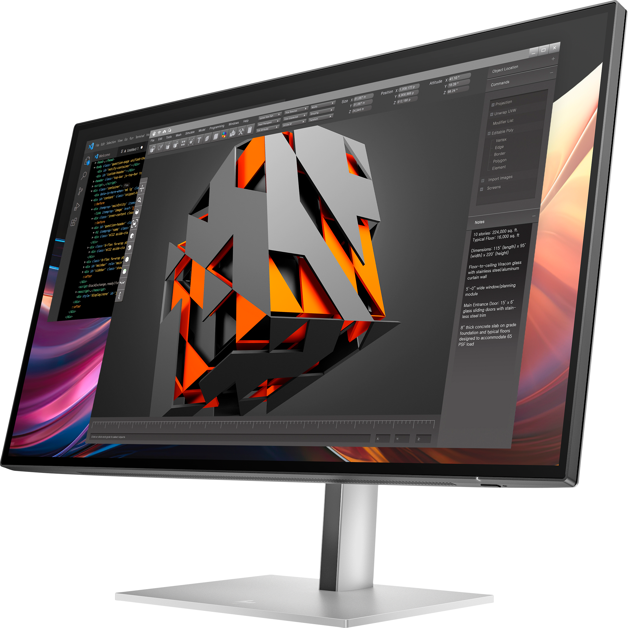 Un monitor mostra un modello 3D con forme geometriche arancioni e grigie ed elementi dell'interfaccia software.