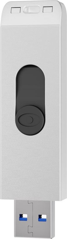 Ein silberner USB-Stick mit schwarzem Schieber und USB-Anschluss. Das Design ist schlicht und modern.