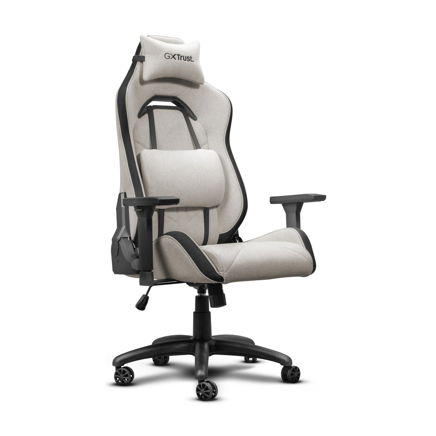 Una sedia da gaming con un design grigio e nero. Ha un poggiatesta e supporto lombare. La sedia è su una base nera con ruote.