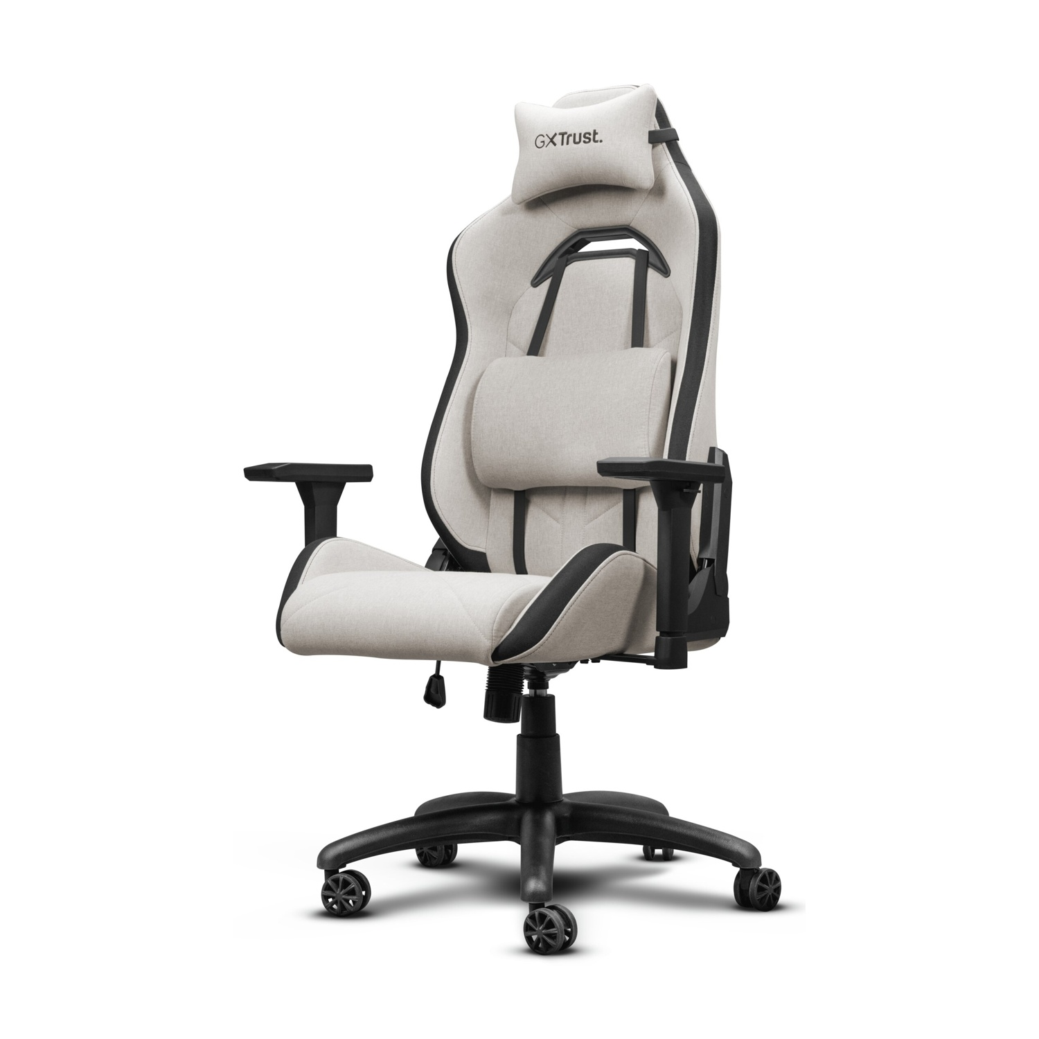 Una sedia da gaming beige e nera con poggiatesta e supporto lombare. Ha braccioli neri, base a cinque ruote e sfondo bianco.